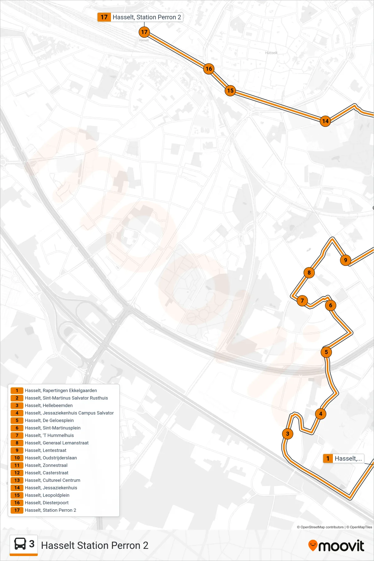 Lijn 3 (bus, Hasselt Station Perron 2): route en haltes op de kaart