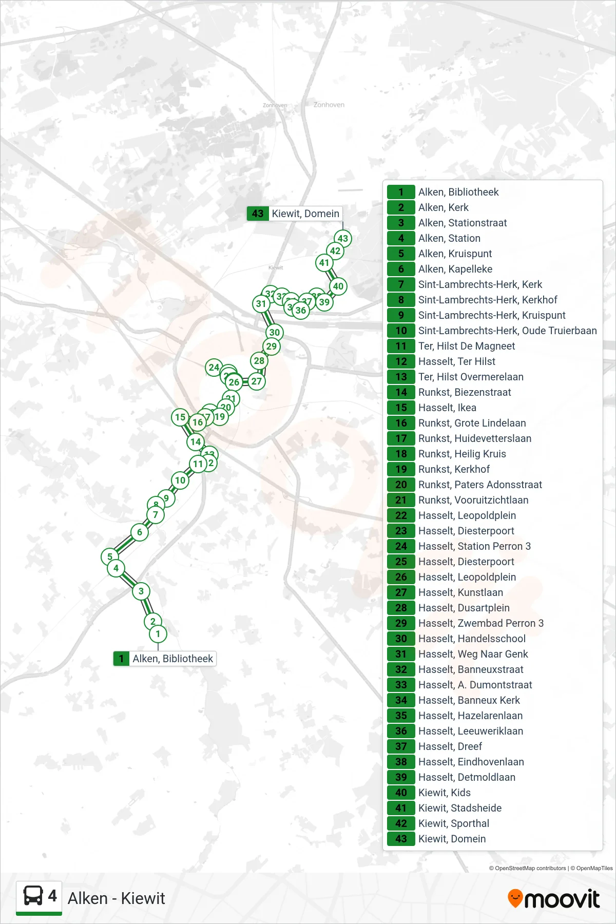 Lijn 4 (bus, Kiewit Domein): route en haltes op de kaart