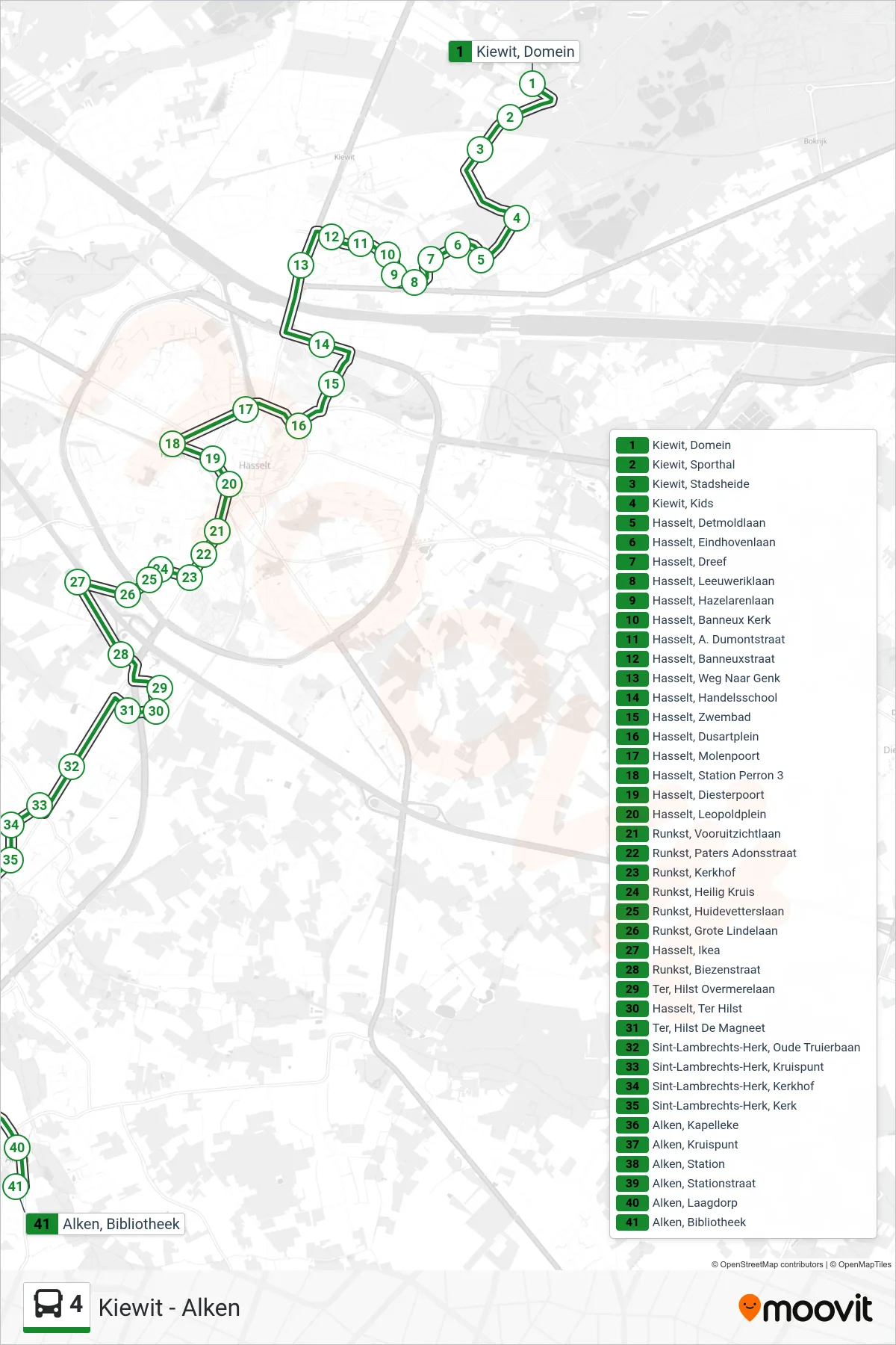Lijn 4 (bus, Alken Bibliotheek): route en haltes op de kaart
