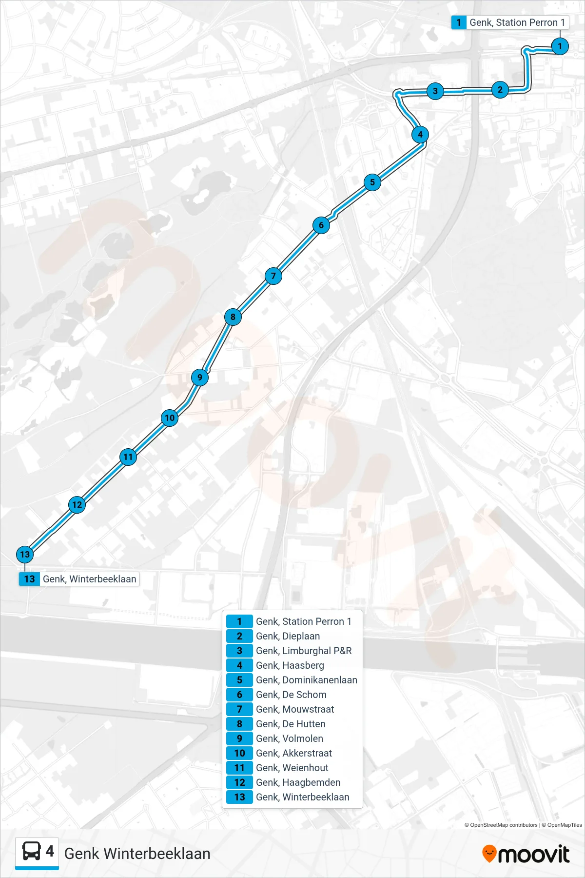 Lijn 4 (bus, Genk Winterbeeklaan): route en haltes op de kaart
