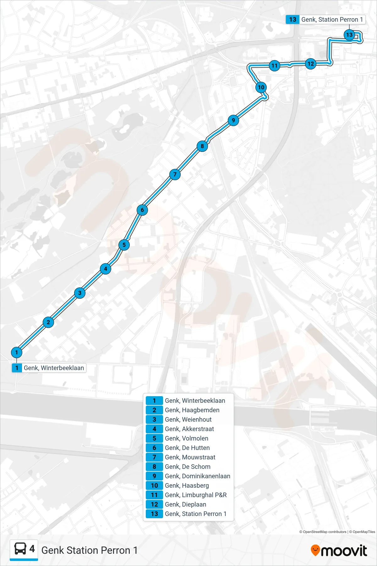 Lijn 4 (bus, Genk Station Perron 1): route en haltes op de kaart