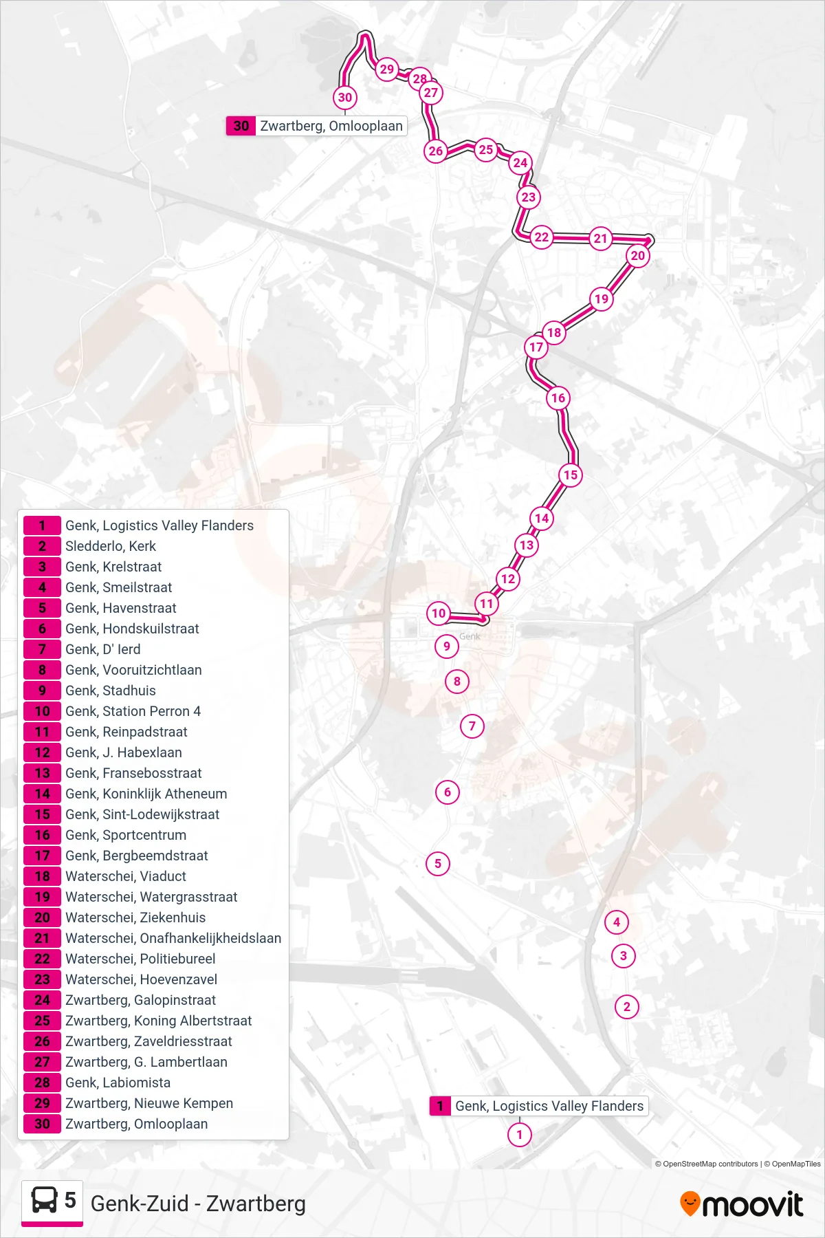 Lijn 5 (bus, Zwartberg Omlooplaan): route en haltes op de kaart