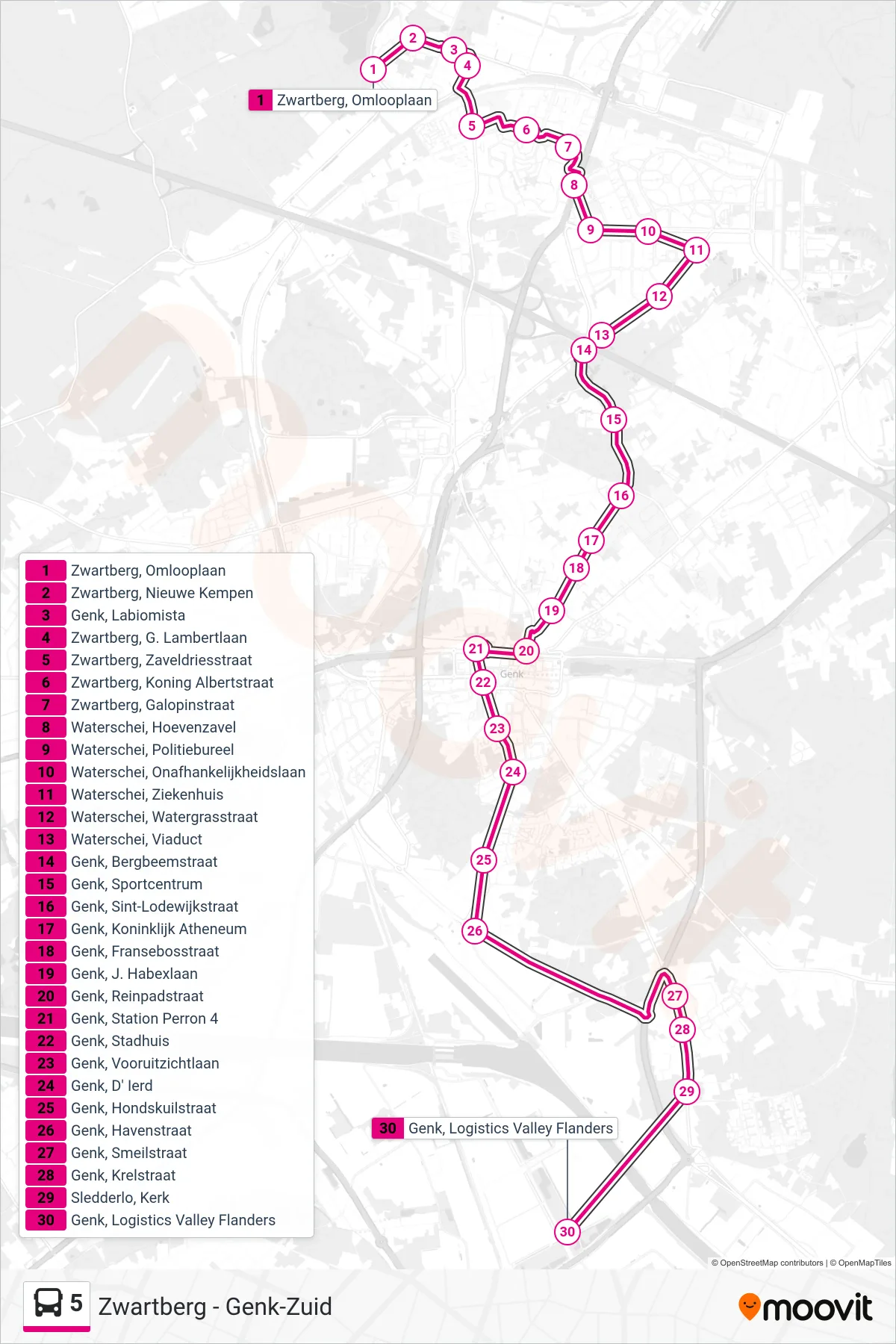 Lijn 5 (bus, Genk Logistics Valley Flanders): route en haltes op de kaart