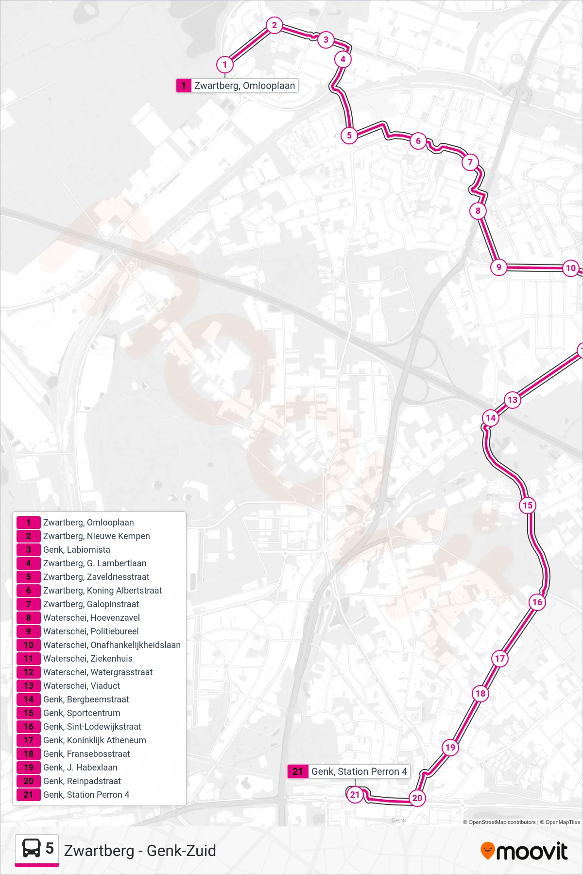 Lijn 5 (bus, Genk Station Perron 4): route en haltes op de kaart