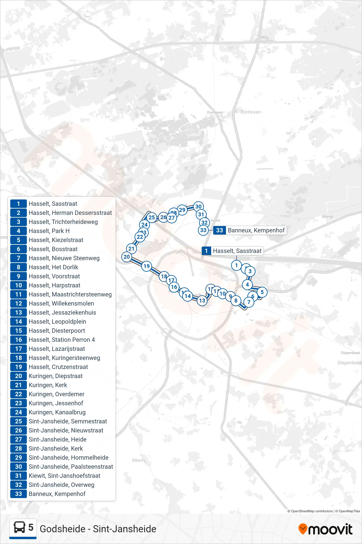 Lijn 5 (bus, Banneux Kempenhof): route en haltes op de kaart