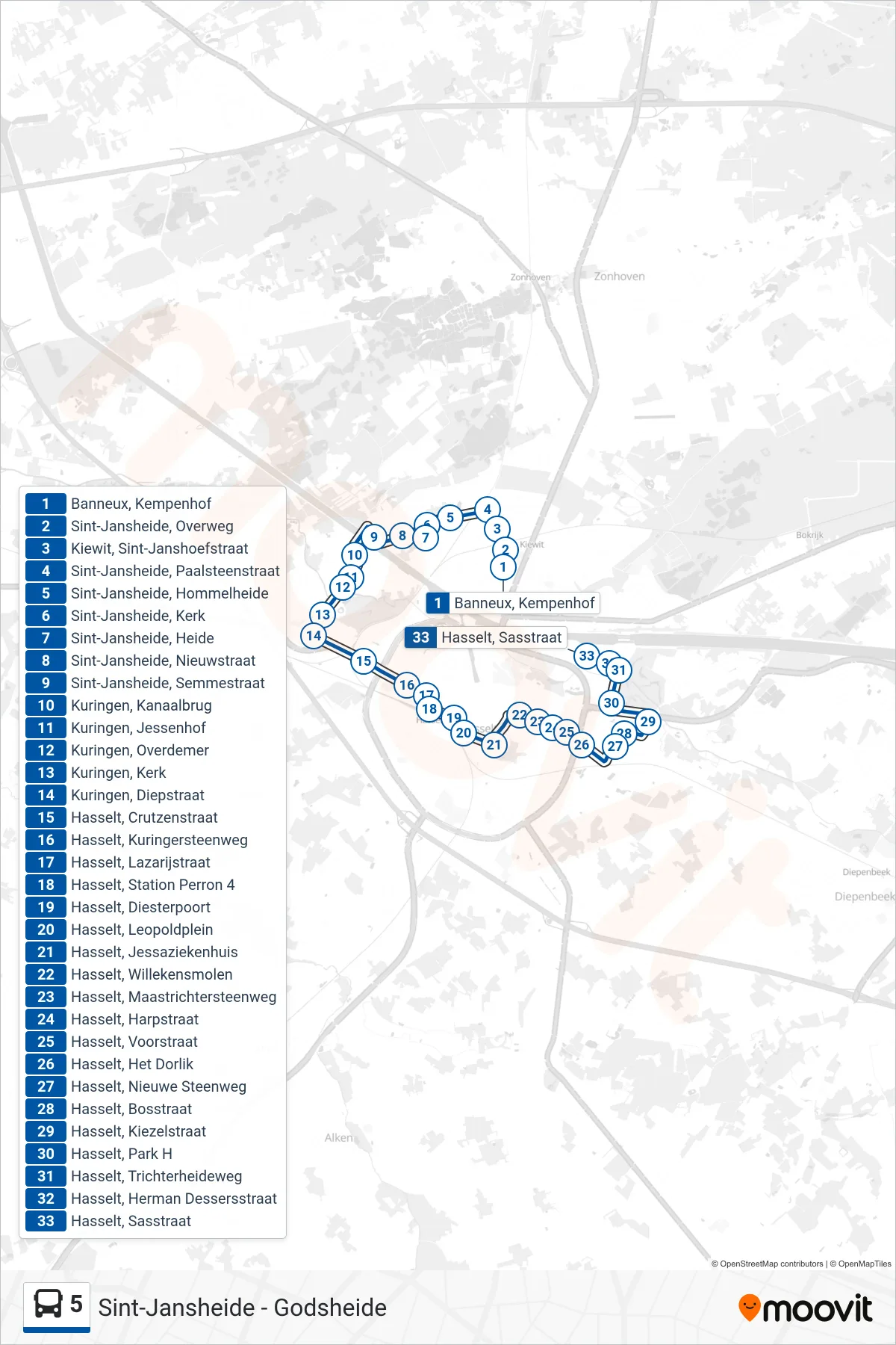 Lijn 5 (bus, Hasselt Sasstraat): route en haltes op de kaart
