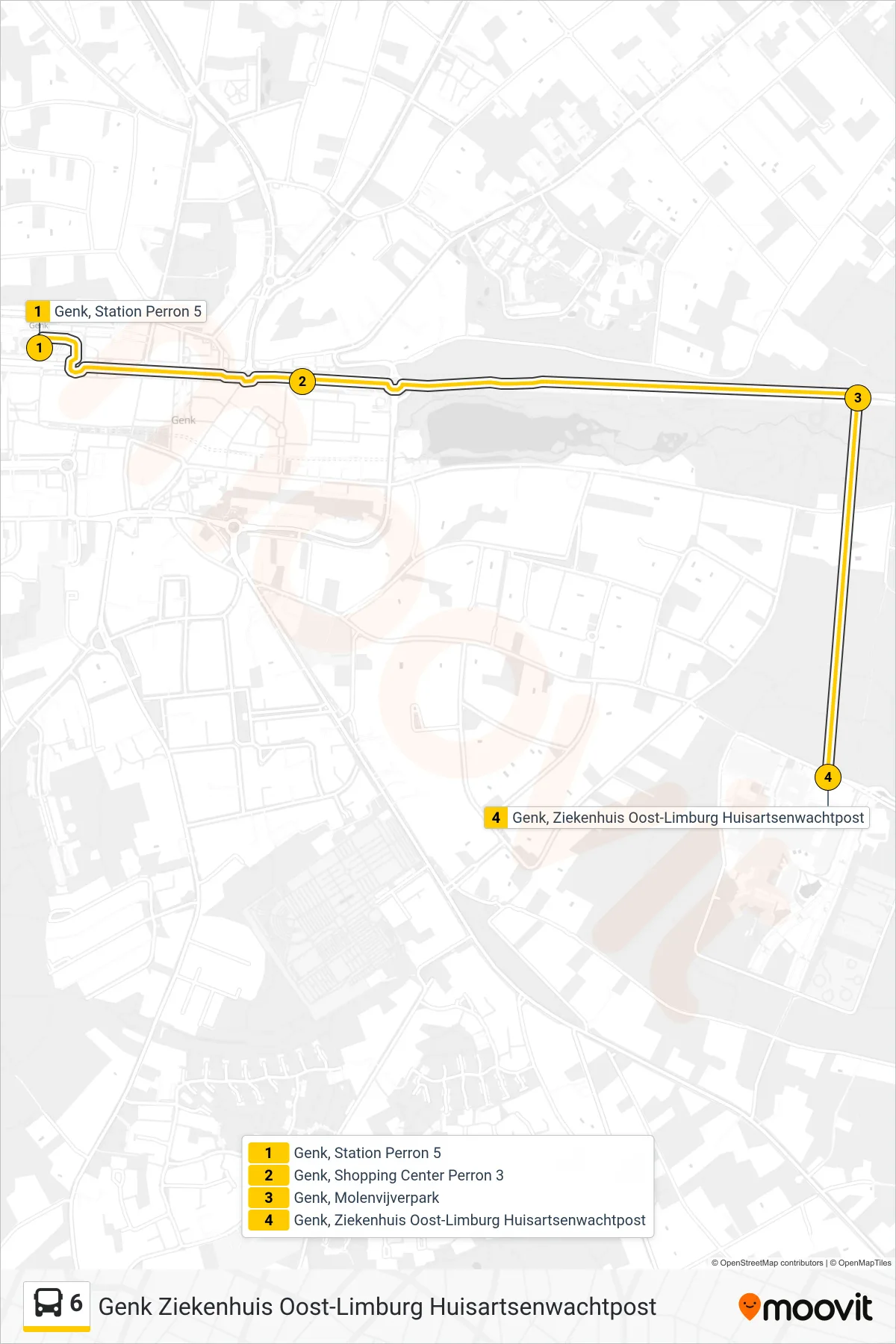 Lijn 6 (bus, Genk Ziekenhuis Oost-Limburg Huisartsenwachtpost): route en haltes op de kaart