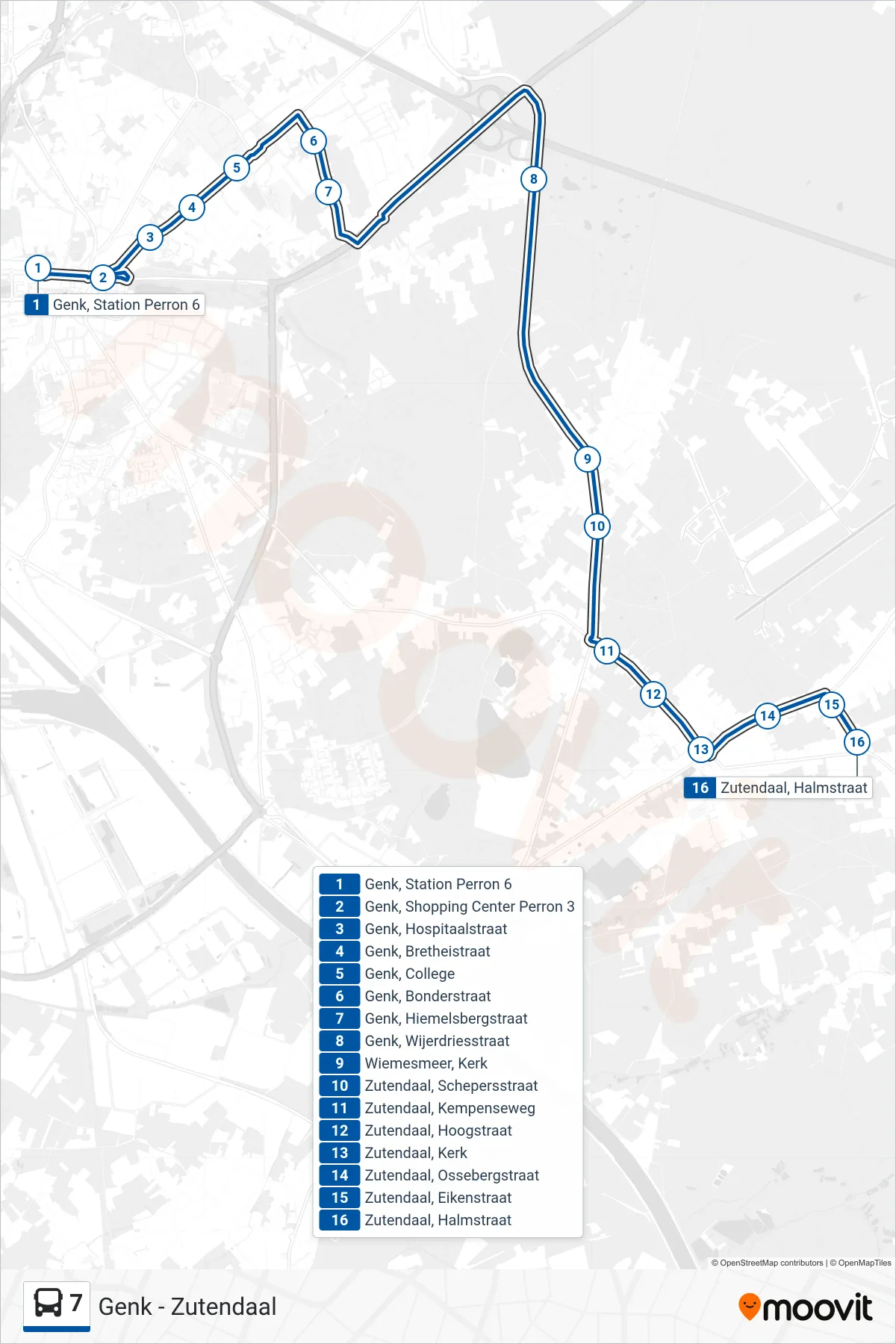 Lijn 7 (bus, Zutendaal Halmstraat): route en haltes op de kaart