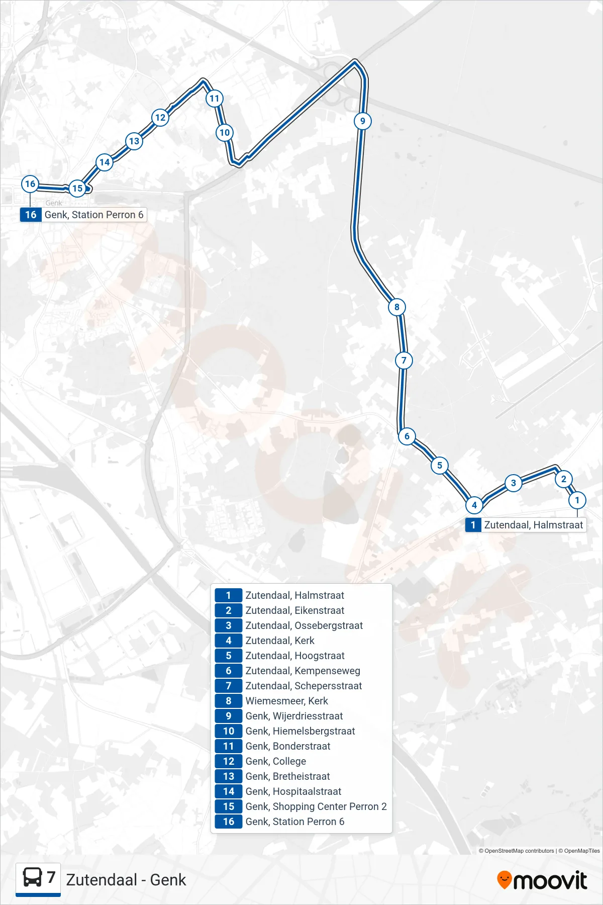 Lijn 7 (bus, Genk Station Perron 6): route en haltes op de kaart