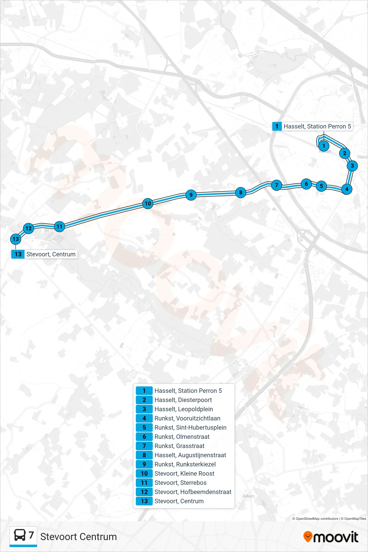 Lijn 7 (bus, Stevoort Centrum): route en haltes op de kaart