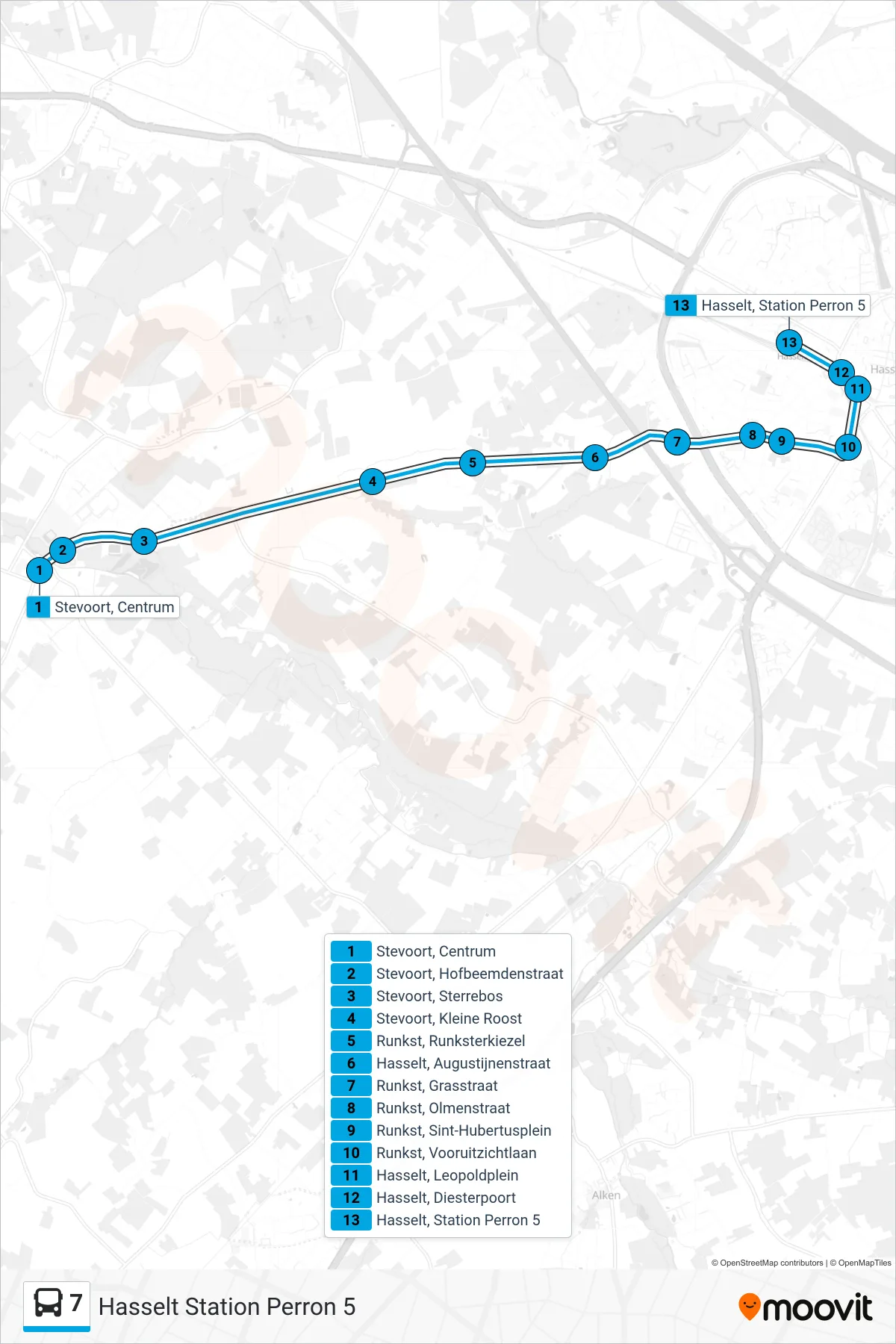 Lijn 7 (bus, Hasselt Station Perron 5): route en haltes op de kaart