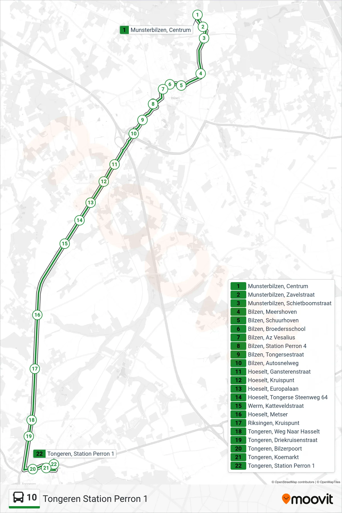 Lijn 10 (bus, Tongeren Station Perron 1): route en haltes op de kaart