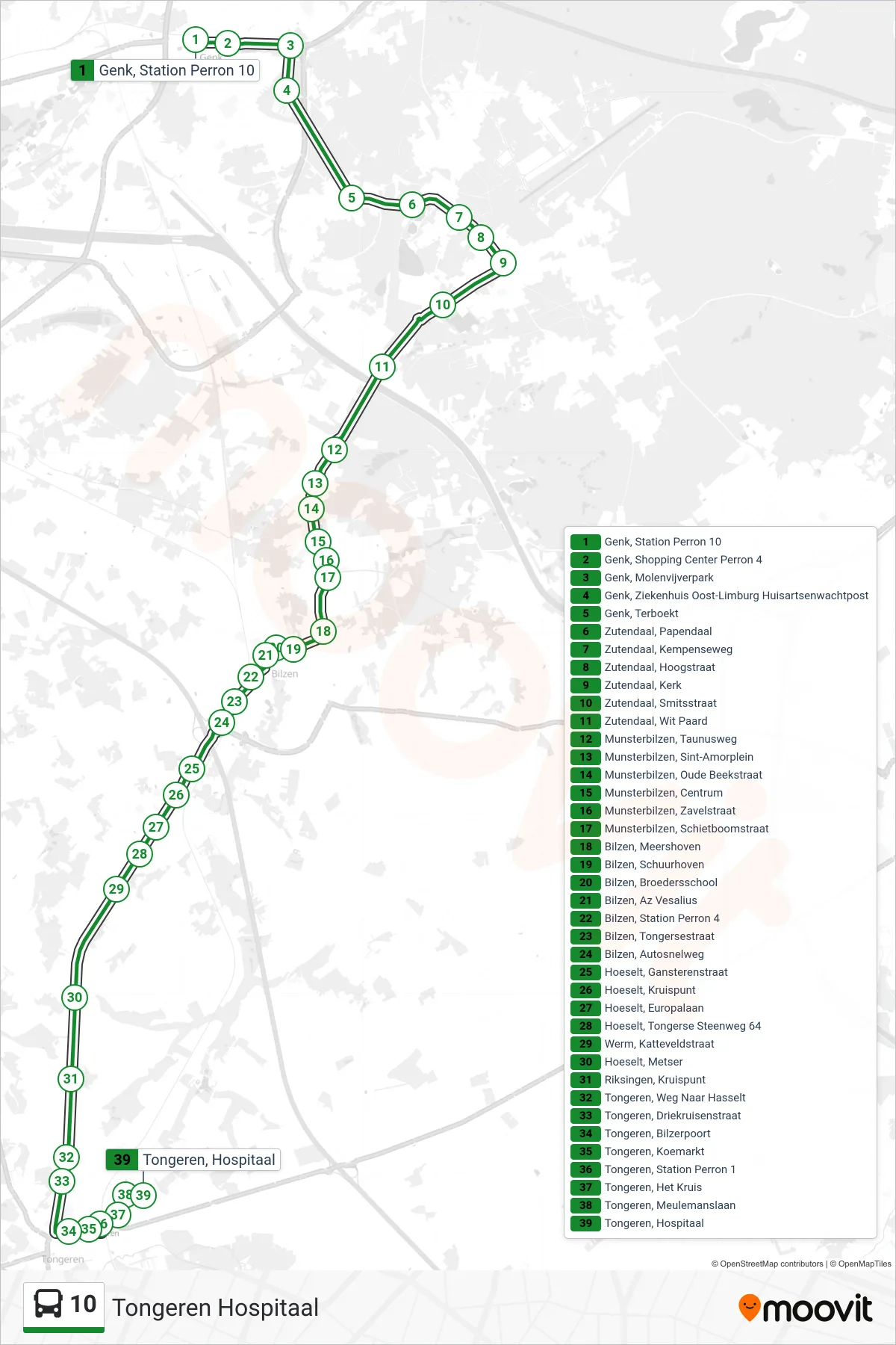 Lijn 10 (bus, Tongeren Hospitaal): route en haltes op de kaart