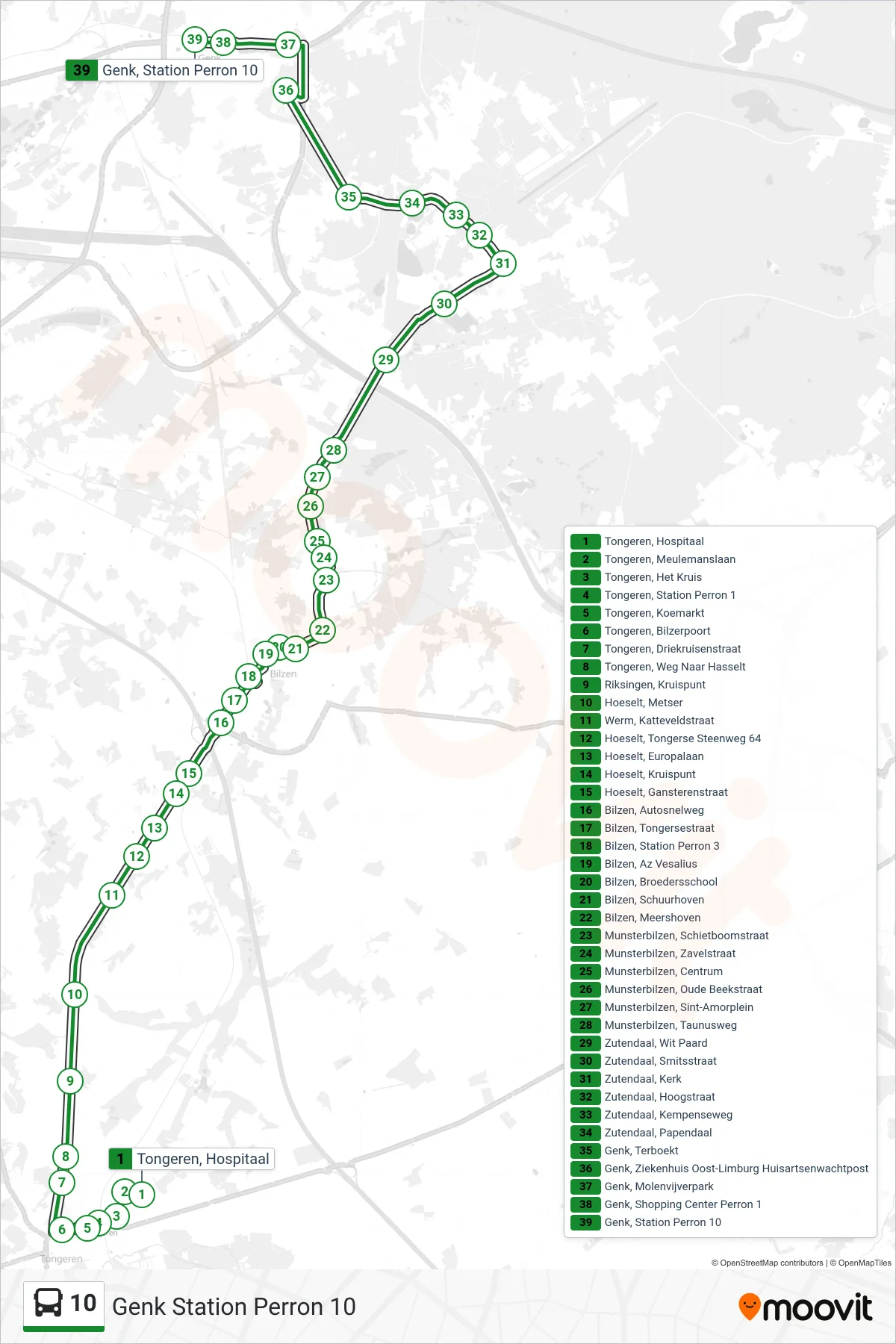 Lijn 10 (bus, Genk Station Perron 10): route en haltes op de kaart