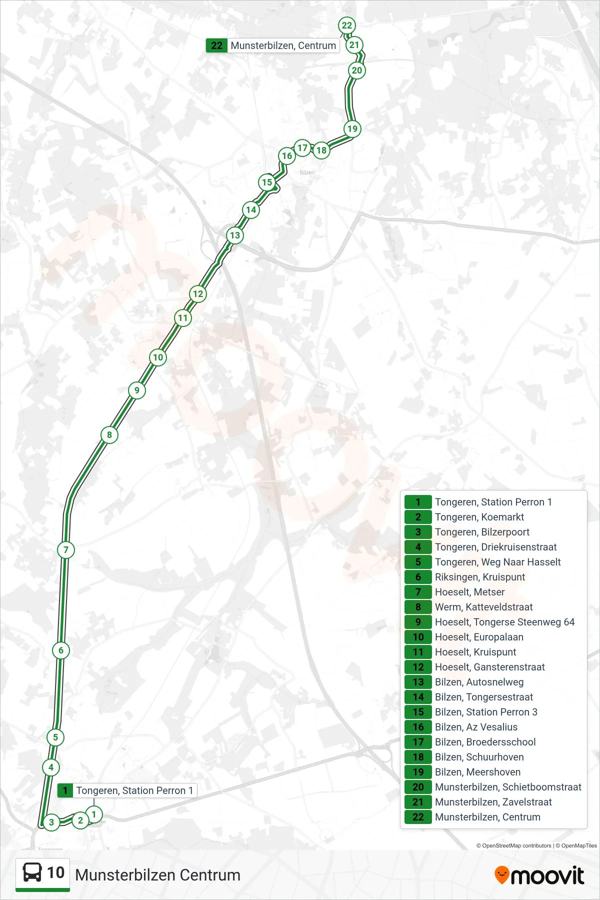 10 bus Line (Munsterbilzen Centrum) route and stops on a map