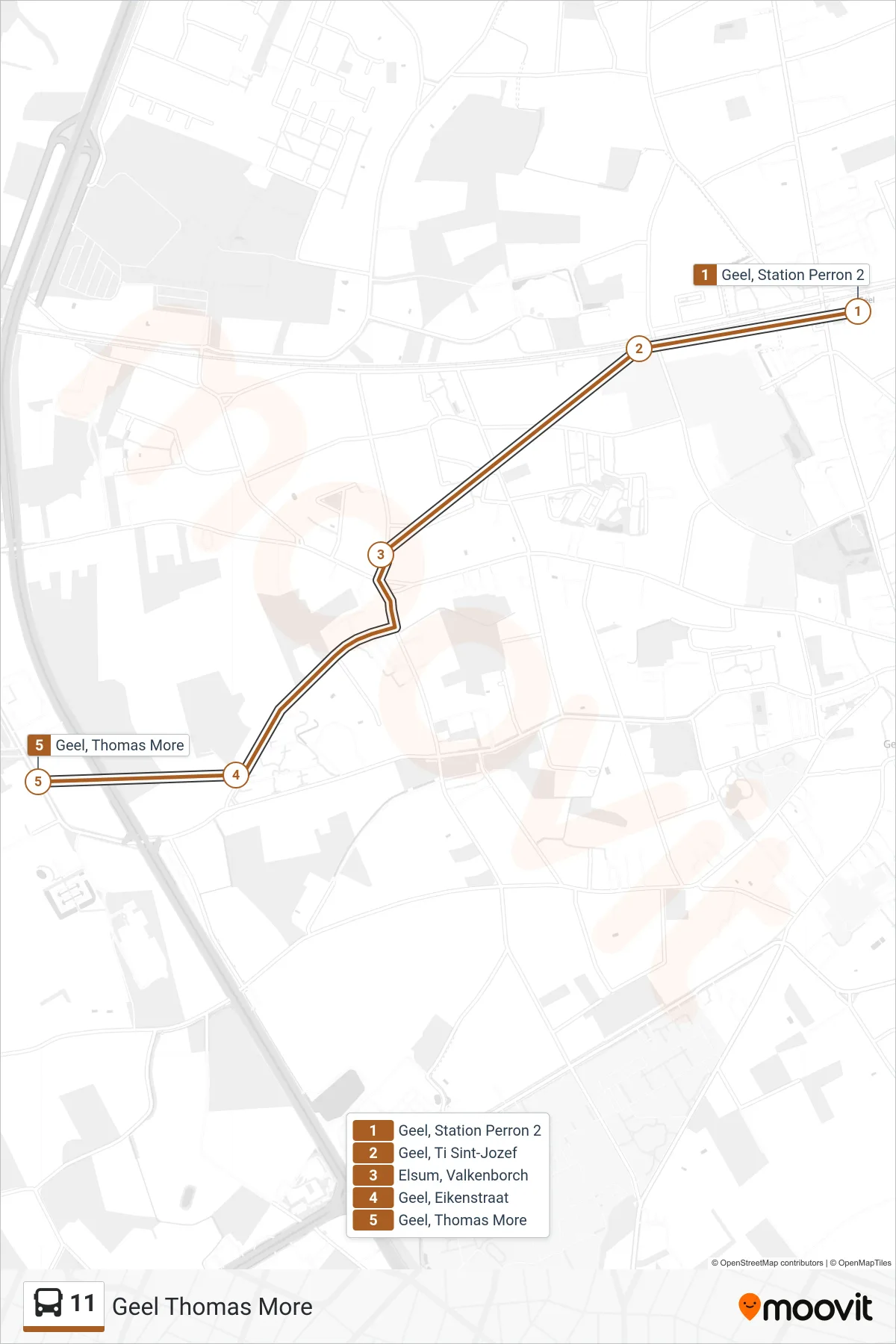 Lijn 11 (bus, Geel Thomas More): route en haltes op de kaart