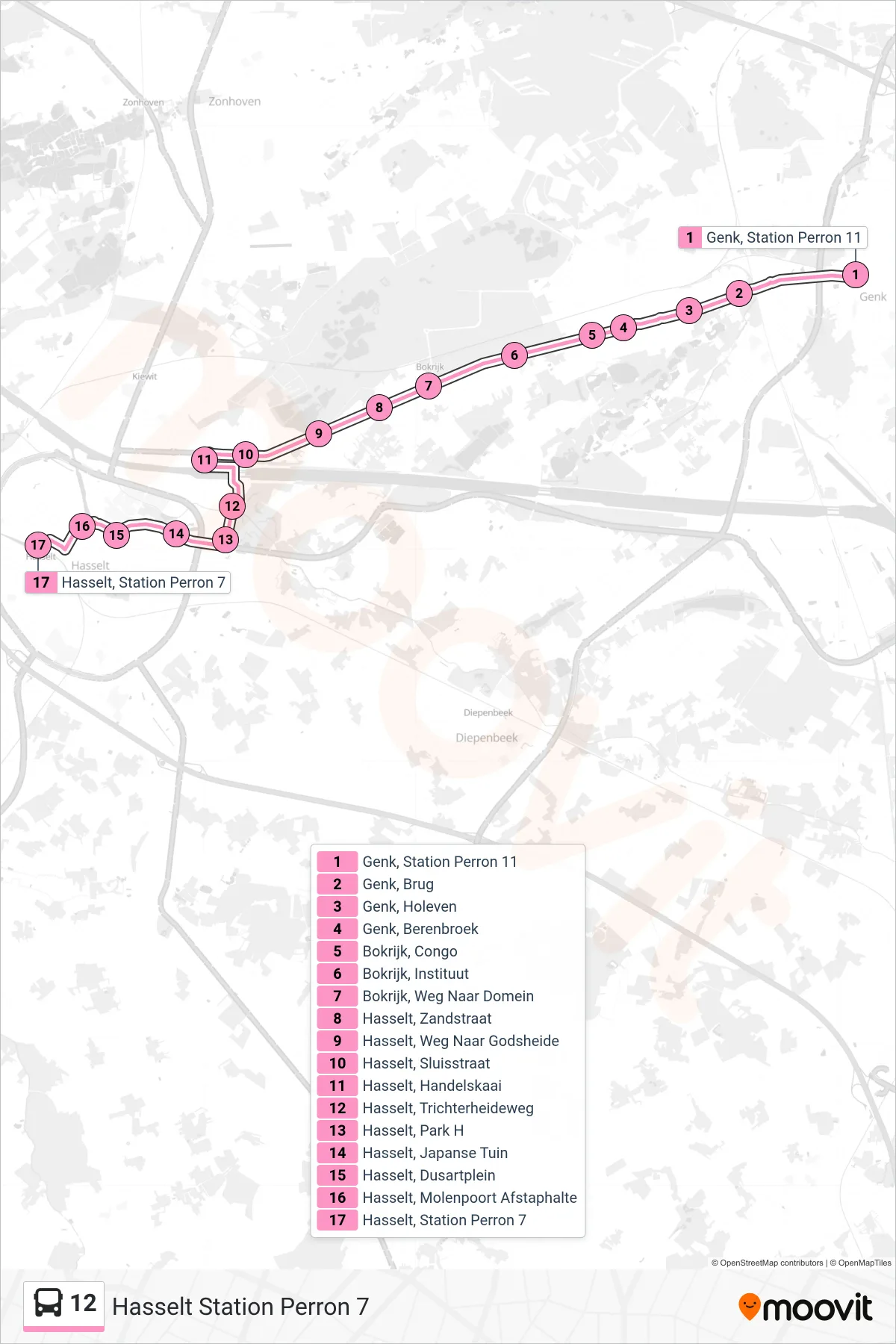 Lijn 12 (bus, Hasselt Station Perron 7): route en haltes op de kaart