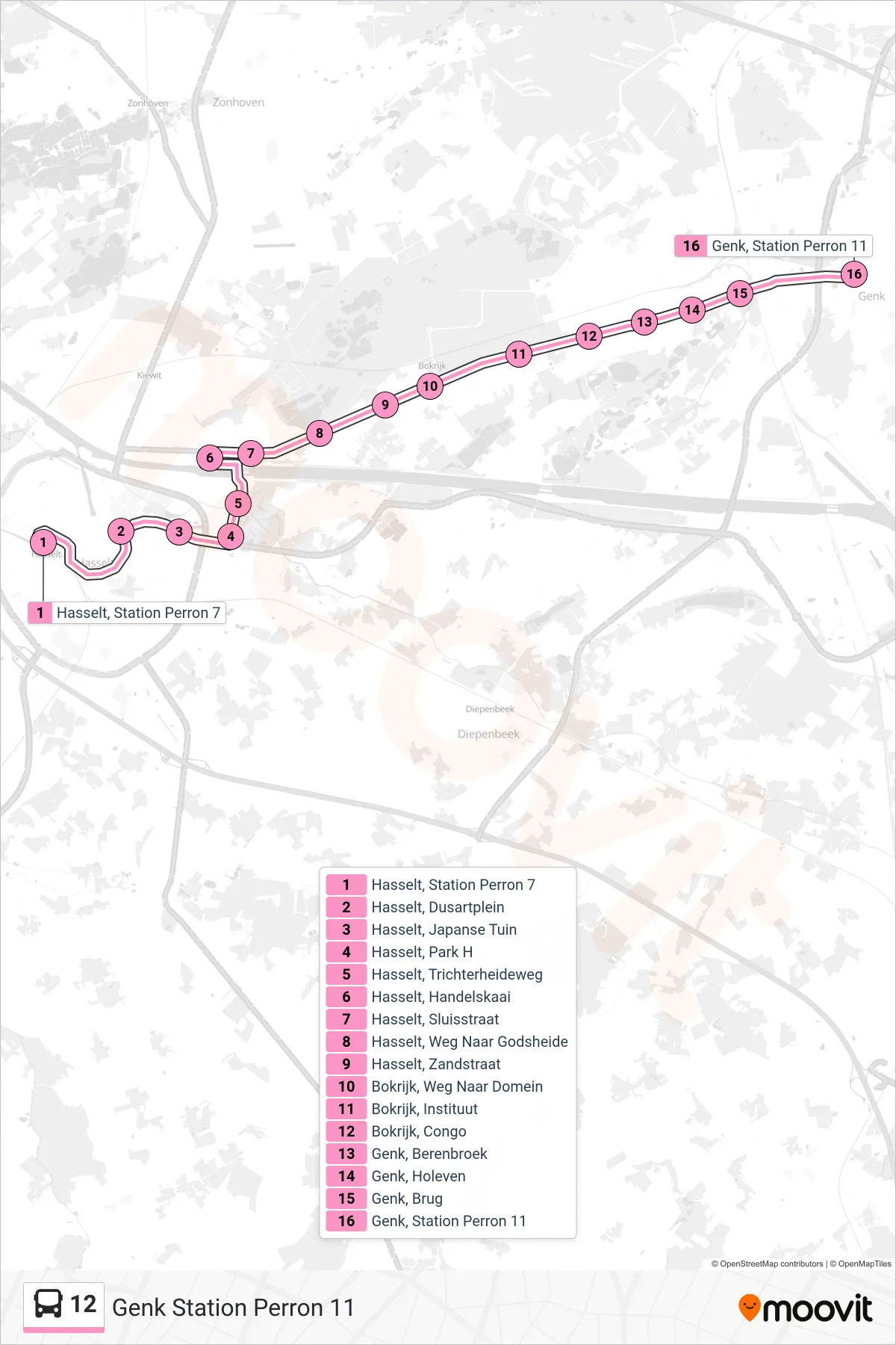 Lijn 12 (bus, Genk Station Perron 11): route en haltes op de kaart