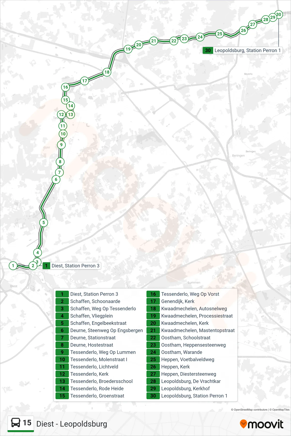 Lijn 15 (bus, Leopoldsburg Station Perron 1): route en haltes op de kaart