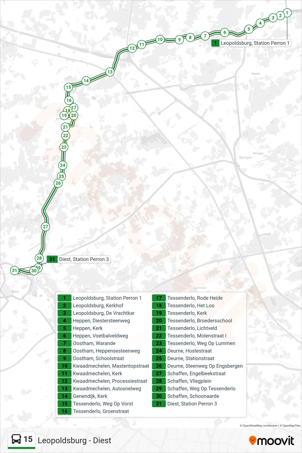 Lijn 15 (bus, Diest Station Perron 3): route en haltes op de kaart