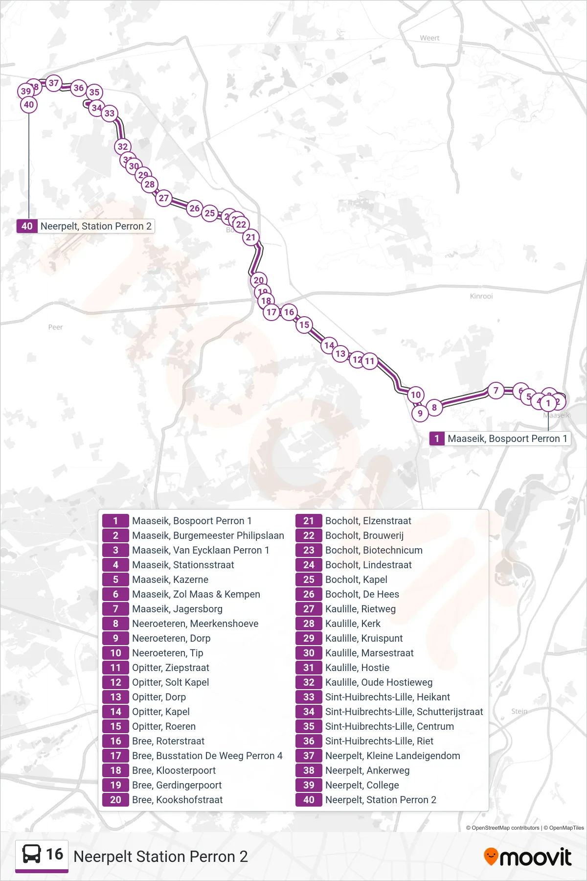 Lijn 16 (bus, Neerpelt Station Perron 2): route en haltes op de kaart