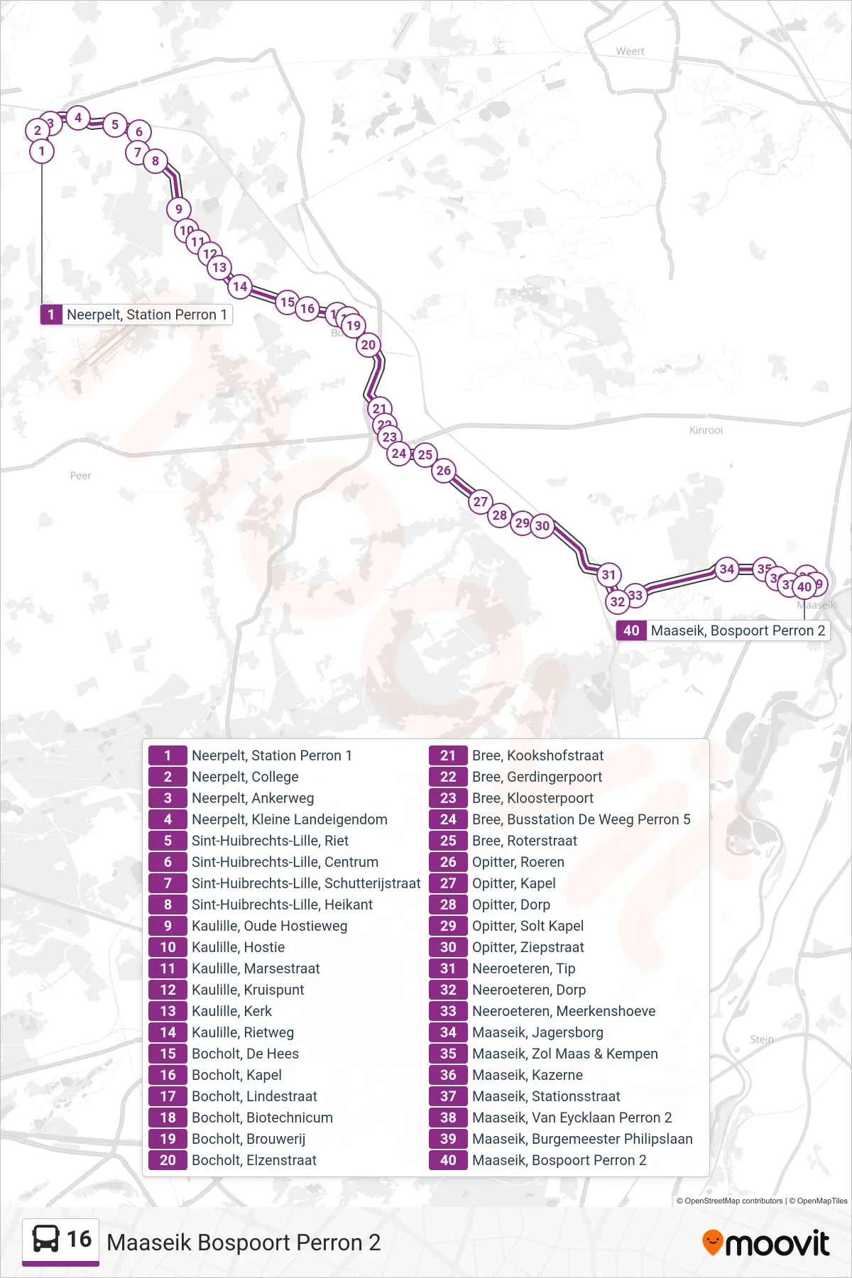 Lijn 16 (bus, Maaseik Bospoort Perron 2): route en haltes op de kaart