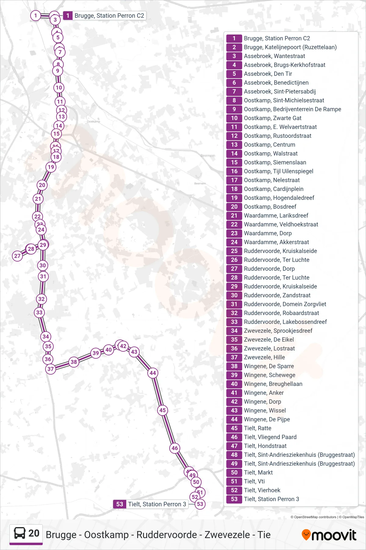 Lijn 20 (bus, Tielt Station Perron 3): route en haltes op de kaart