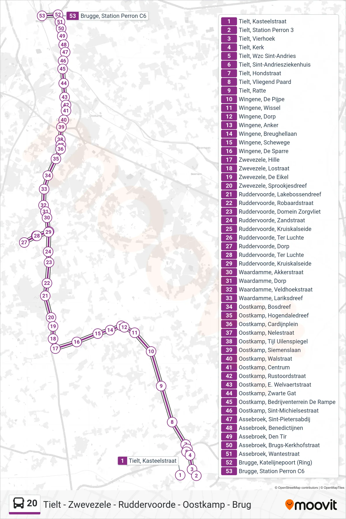 Lijn 20 (bus, Brugge Station Perron C6): route en haltes op de kaart