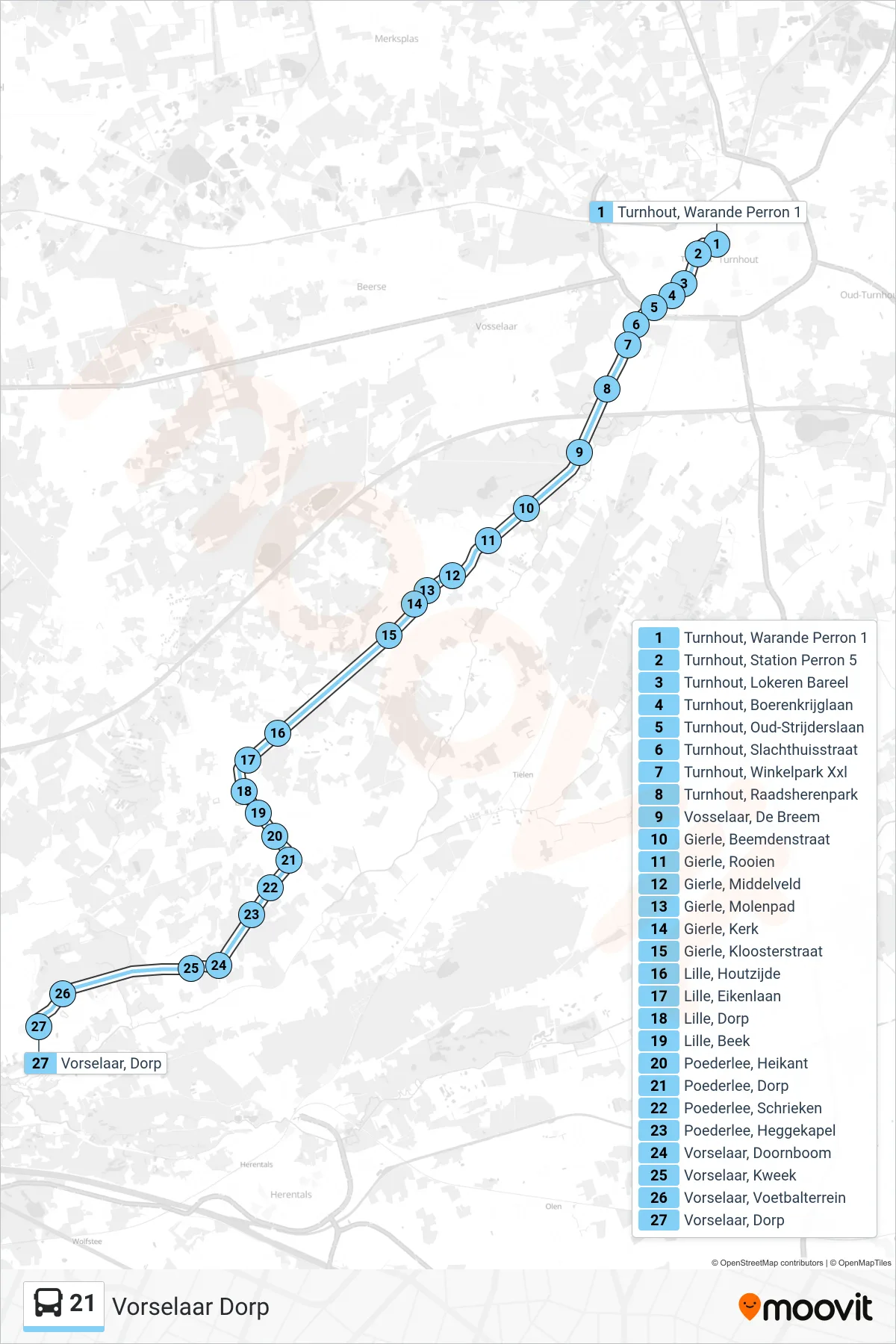 Lijn 21 (bus, Vorselaar Dorp): route en haltes op de kaart