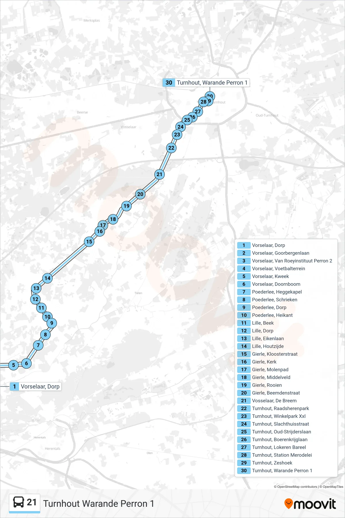 Lijn 21 (bus, Turnhout Warande Perron 1): route en haltes op de kaart