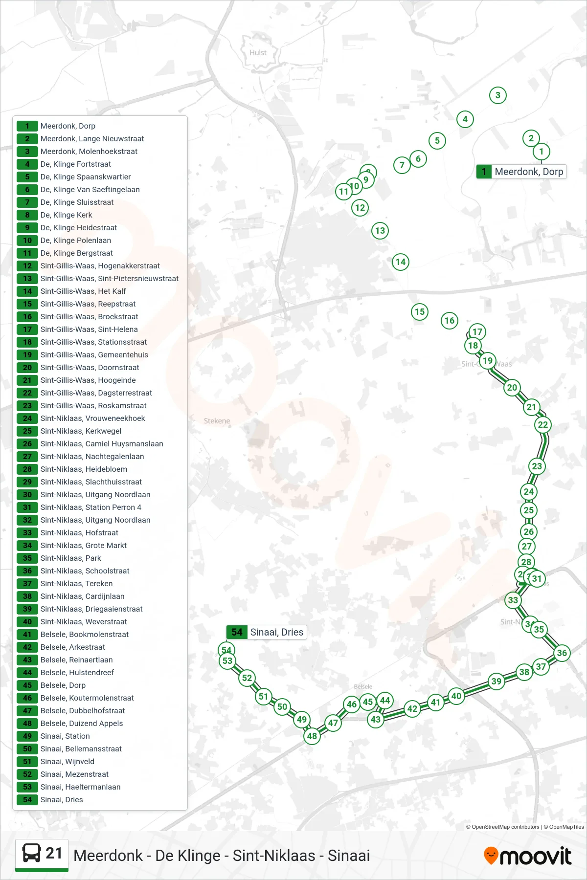 Lijn 21 (bus, Sinaai Dries): route en haltes op de kaart