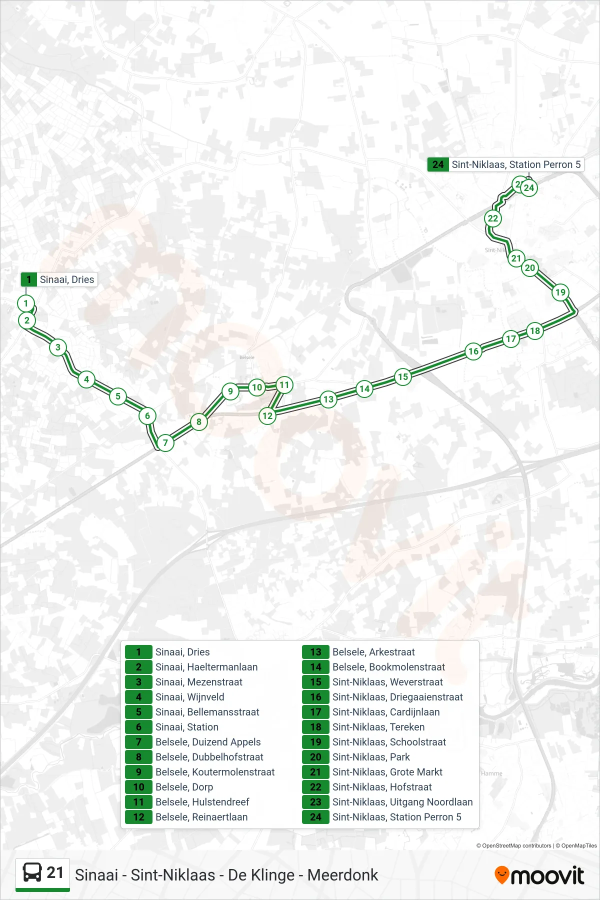 Lijn 21 (bus, Sint-Niklaas Station Perron 5): route en haltes op de kaart