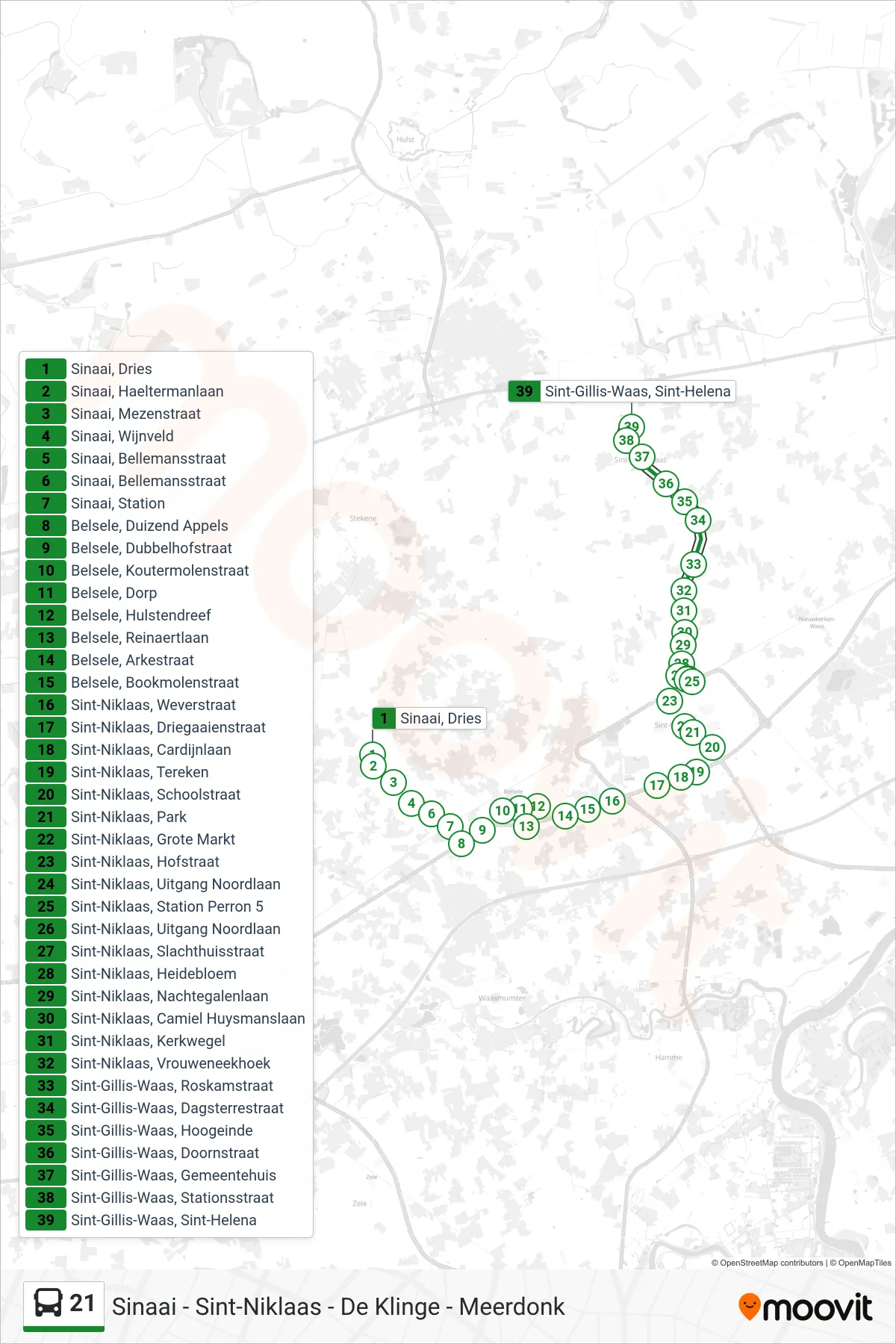 Lijn 21 (bus, Sint-Gillis-Waas Sint-Helena): route en haltes op de kaart