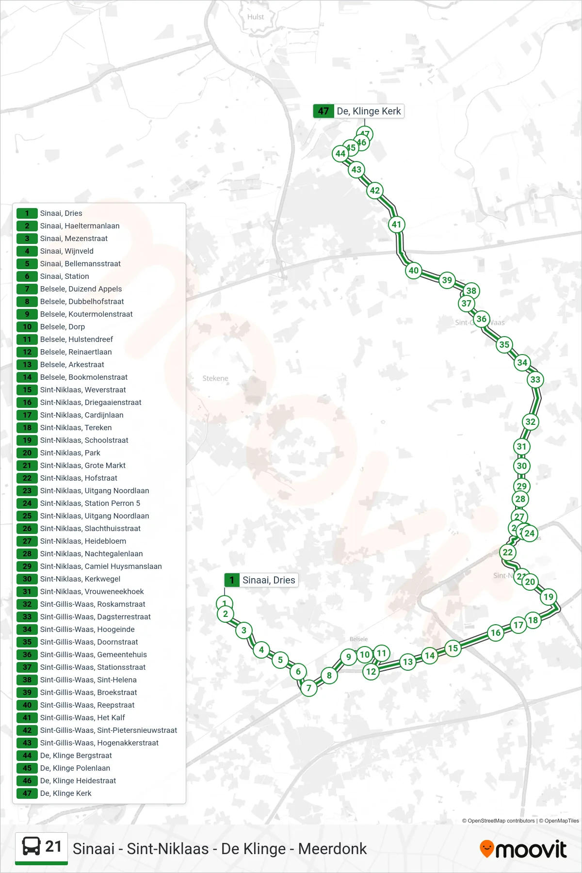 Lijn 21 (bus, De Klinge Kerk): route en haltes op de kaart