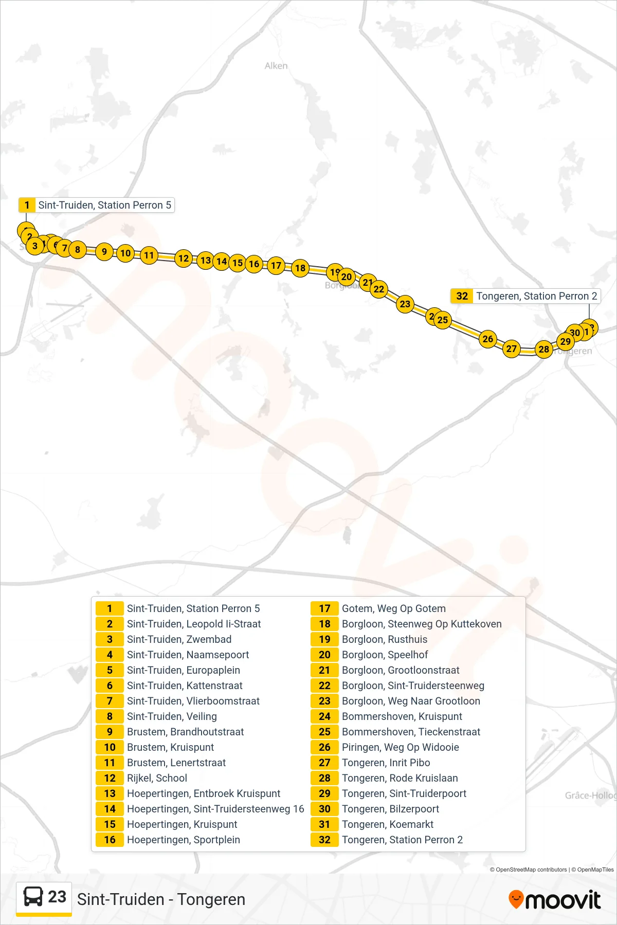Lijn 23 (bus, Tongeren Station Perron 2): route en haltes op de kaart