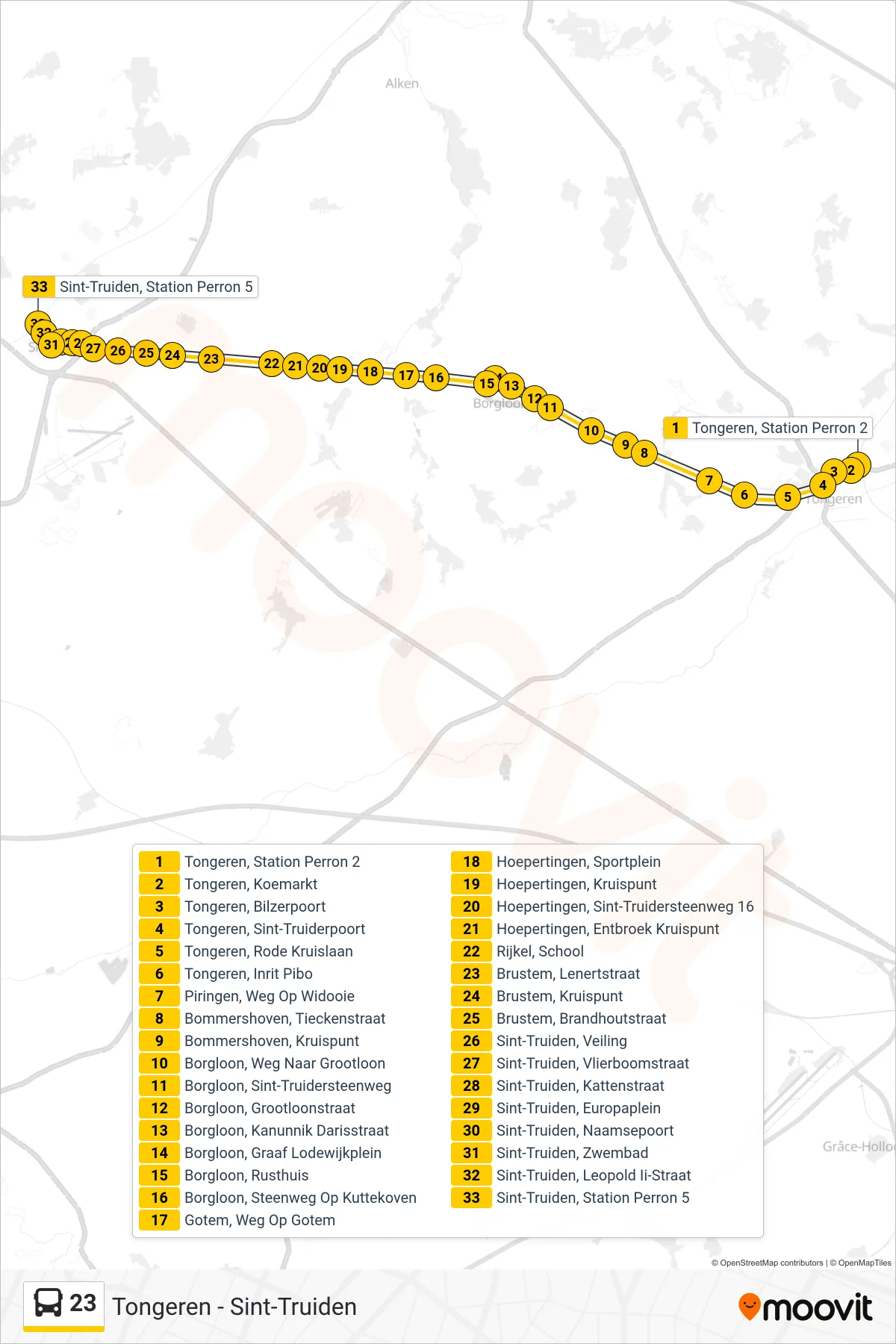 Lijn 23 (bus, Sint-Truiden Station Perron 5): route en haltes op de kaart