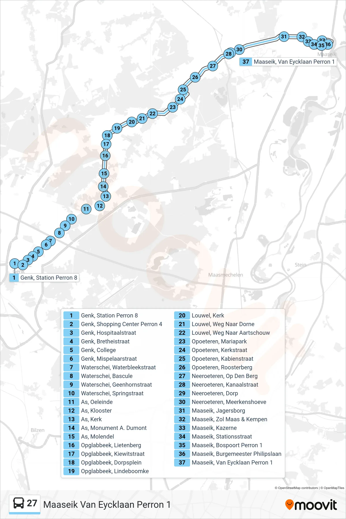 27 bus Line (Maaseik Van Eycklaan Perron 1) route and stops on a map