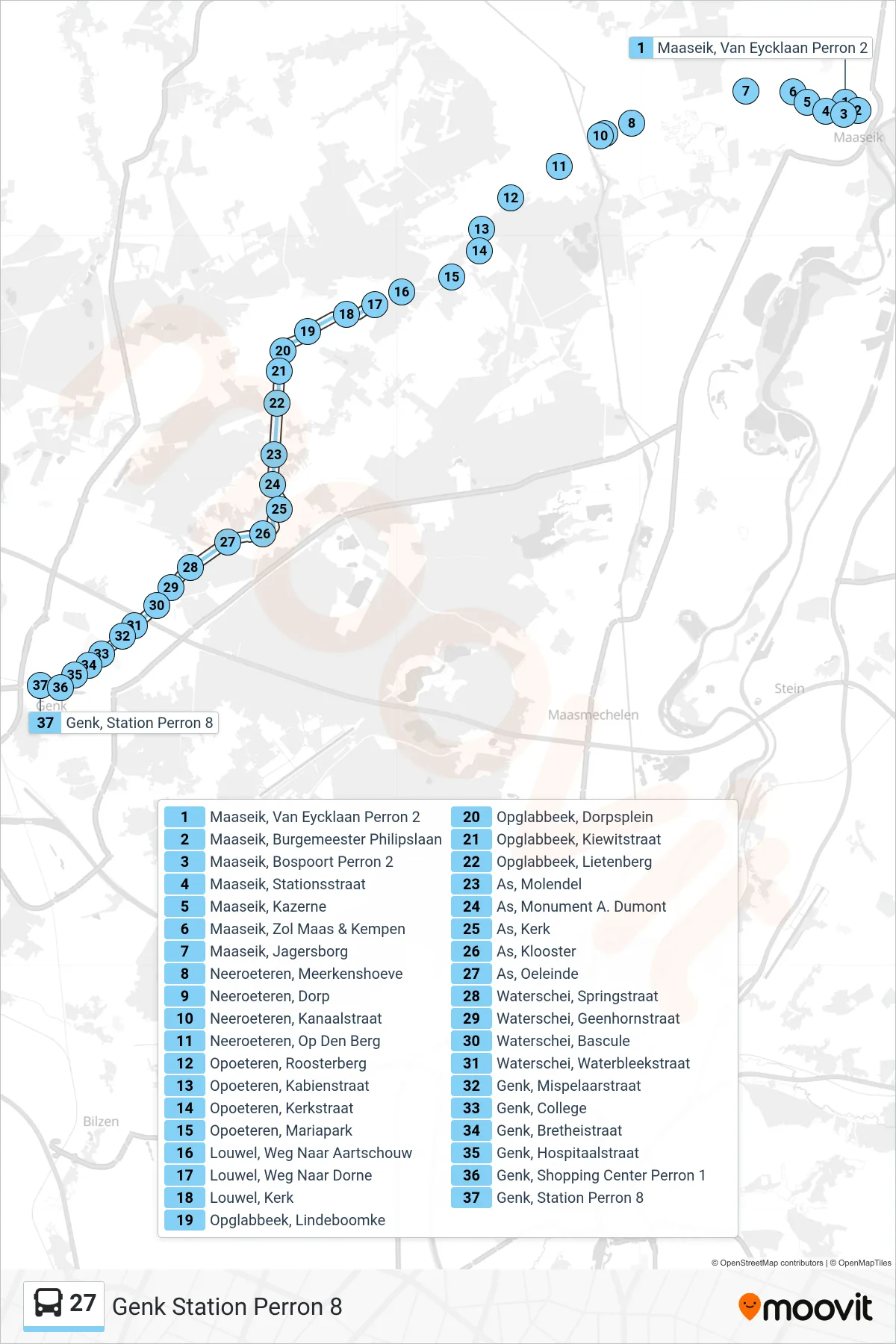 Lijn 27 (bus, Genk Station Perron 8): route en haltes op de kaart