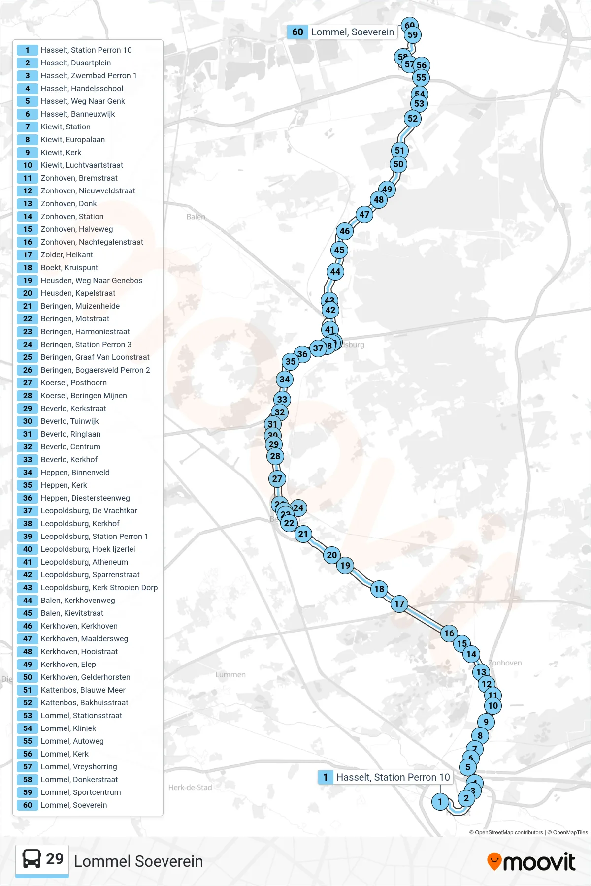 Lijn 29 (bus, Lommel Soeverein): route en haltes op de kaart