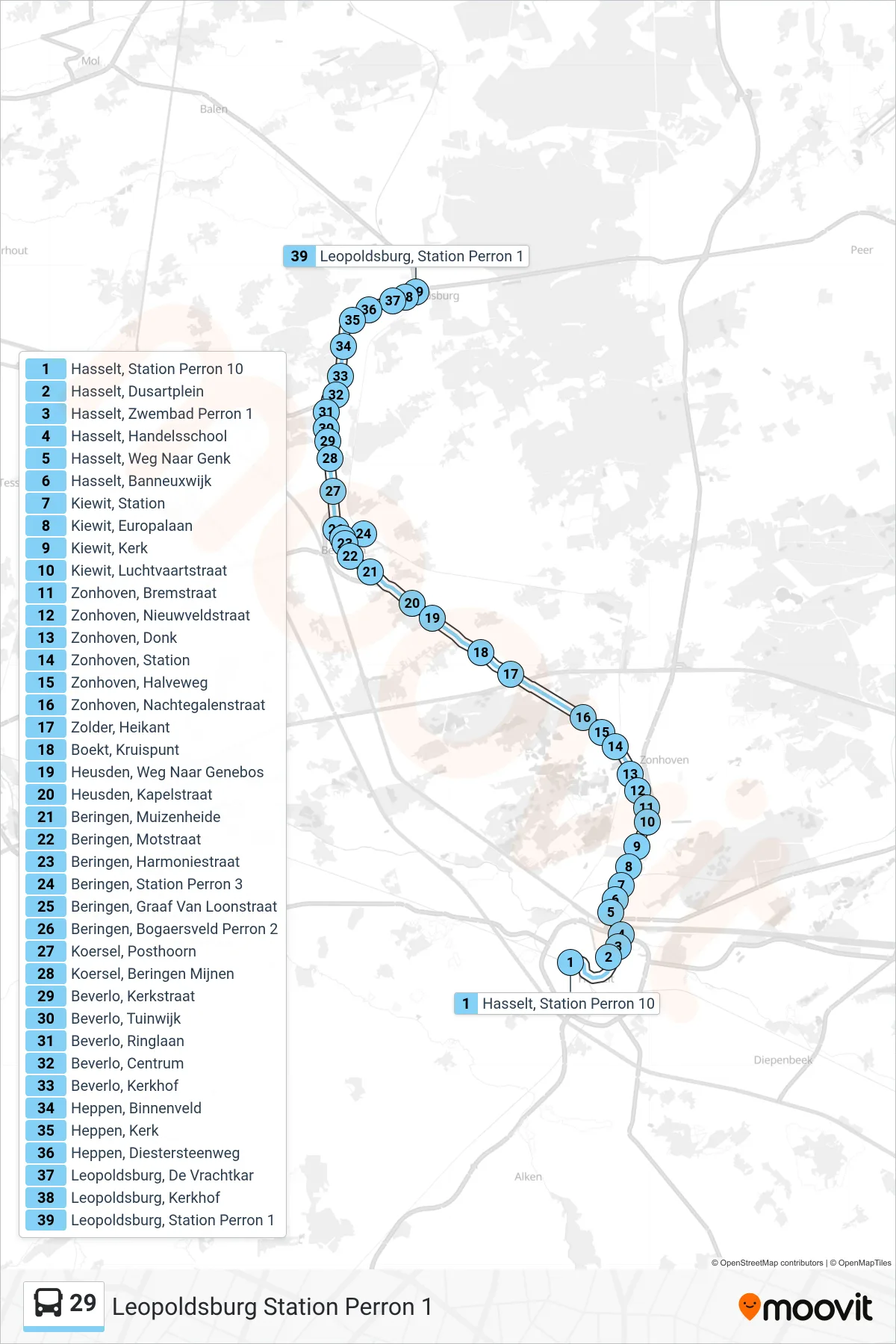 Lijn 29 (bus, Leopoldsburg Station Perron 1): route en haltes op de kaart
