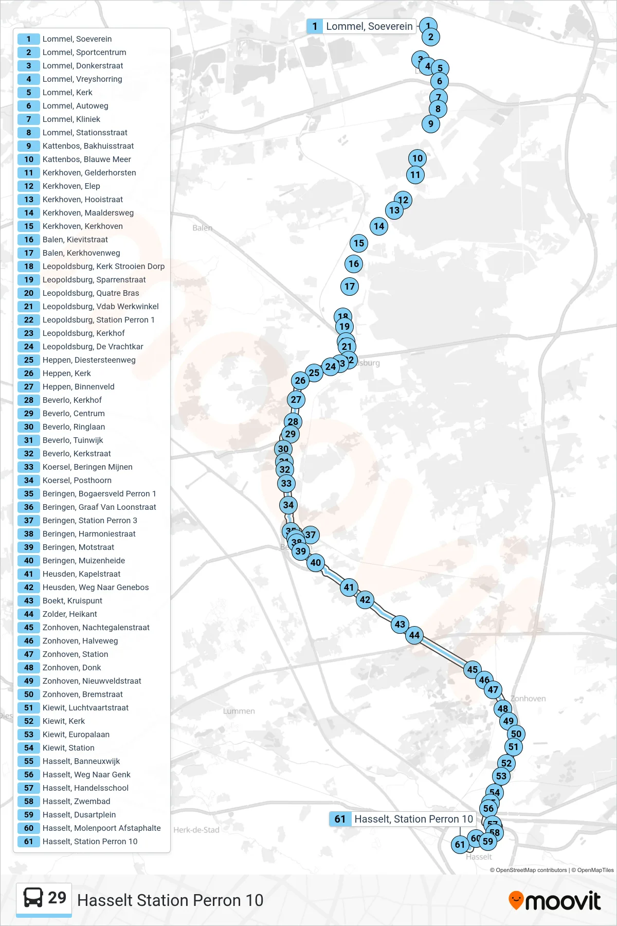 Lijn 29 (bus, Hasselt Station Perron 10): route en haltes op de kaart