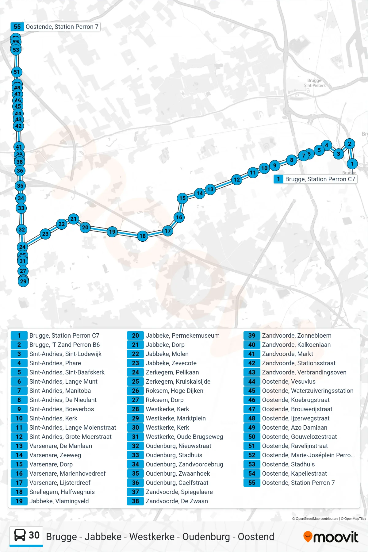 Lijn 30 (bus, Oostende Station Perron 7): route en haltes op de kaart