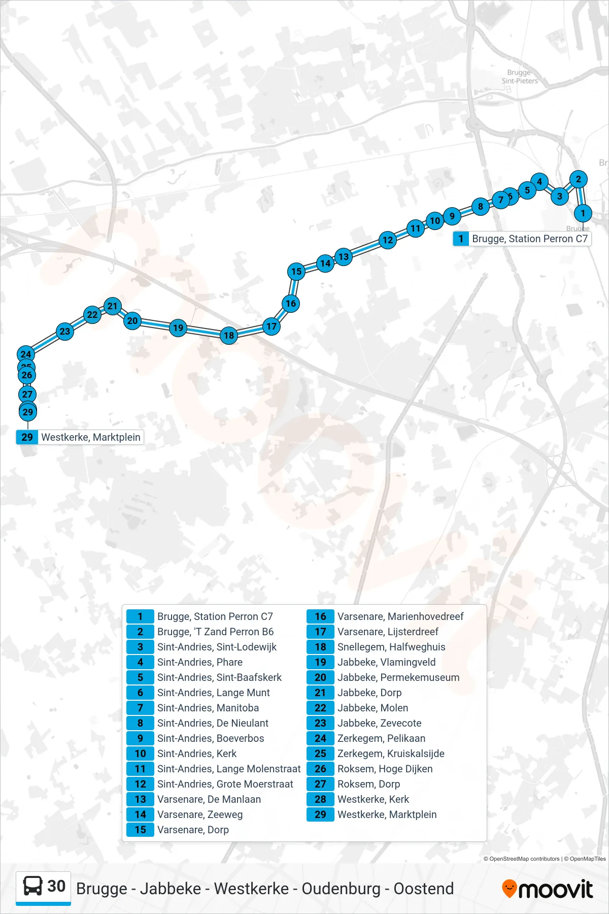 Lijn 30 (bus, Westkerke Marktplein): route en haltes op de kaart