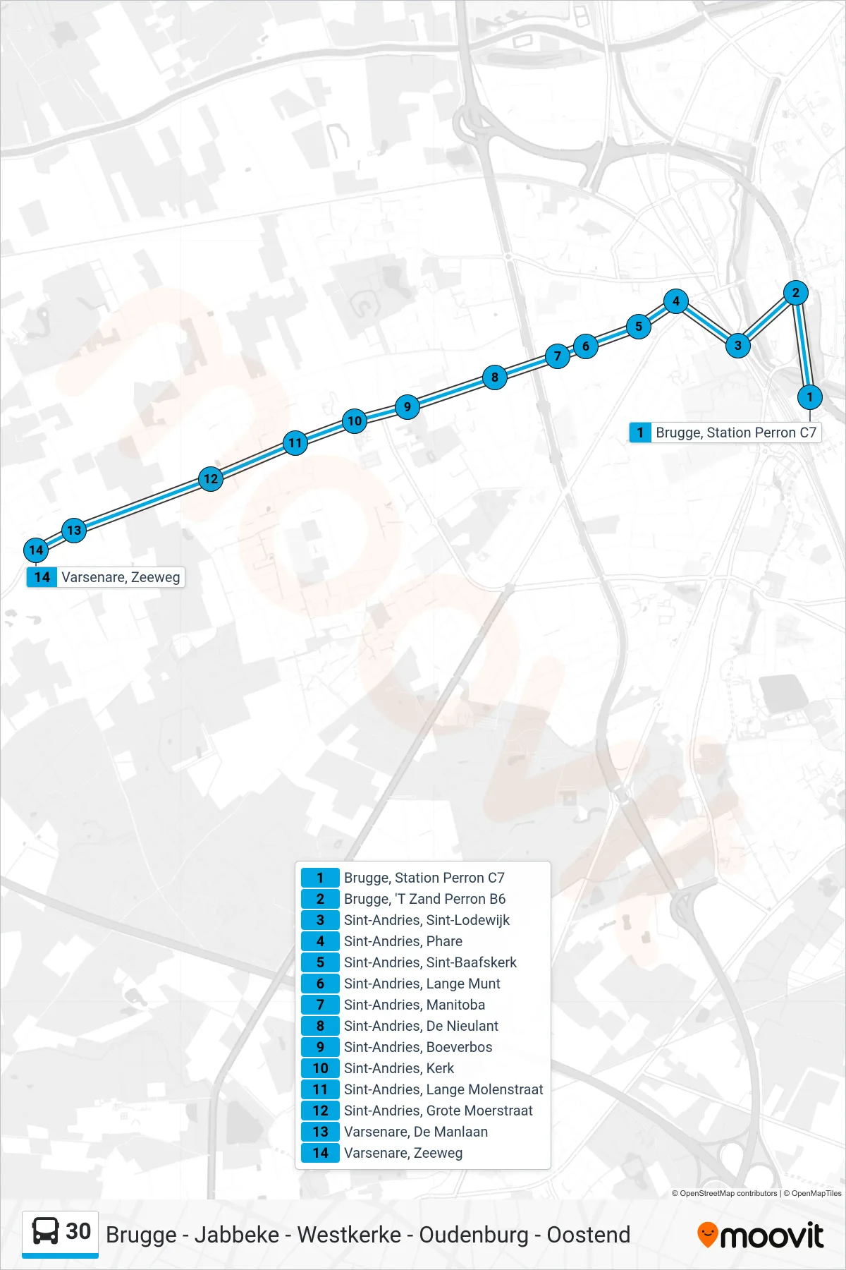 Lijn 30 (bus, Varsenare Zeeweg): route en haltes op de kaart