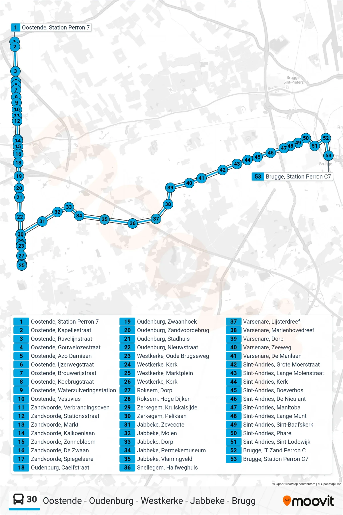 Lijn 30 (bus, Brugge Station Perron C7): route en haltes op de kaart