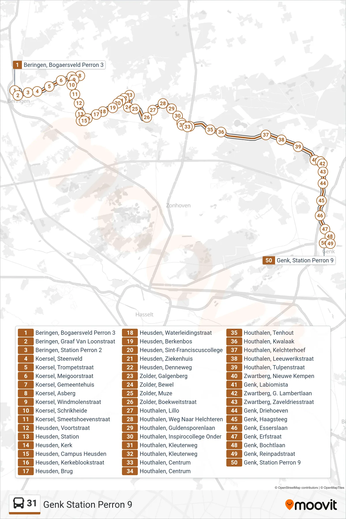 Lijn 31 (bus, Genk Station Perron 9): route en haltes op de kaart