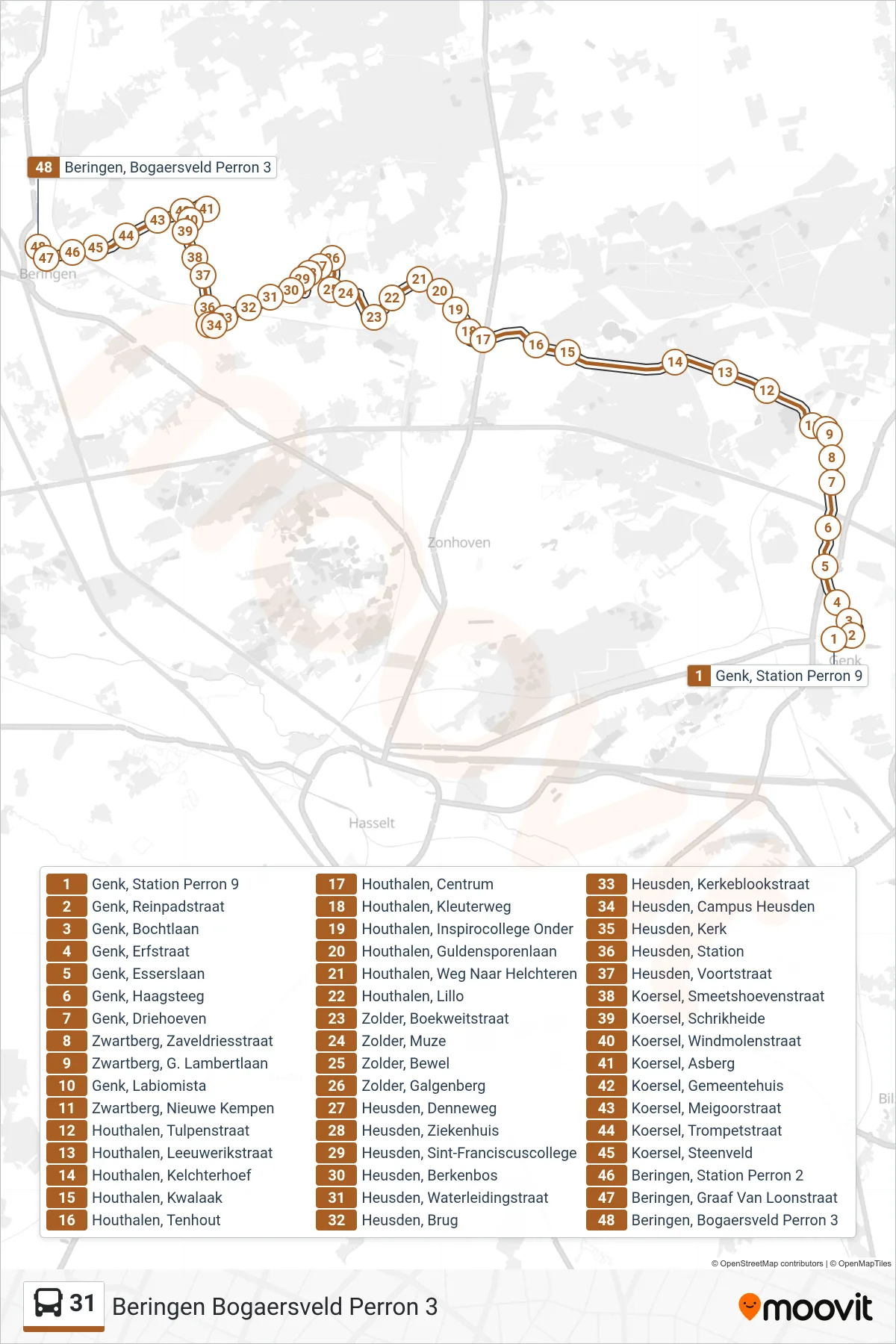 Lijn 31 (bus, Beringen Bogaersveld Perron 3): route en haltes op de kaart