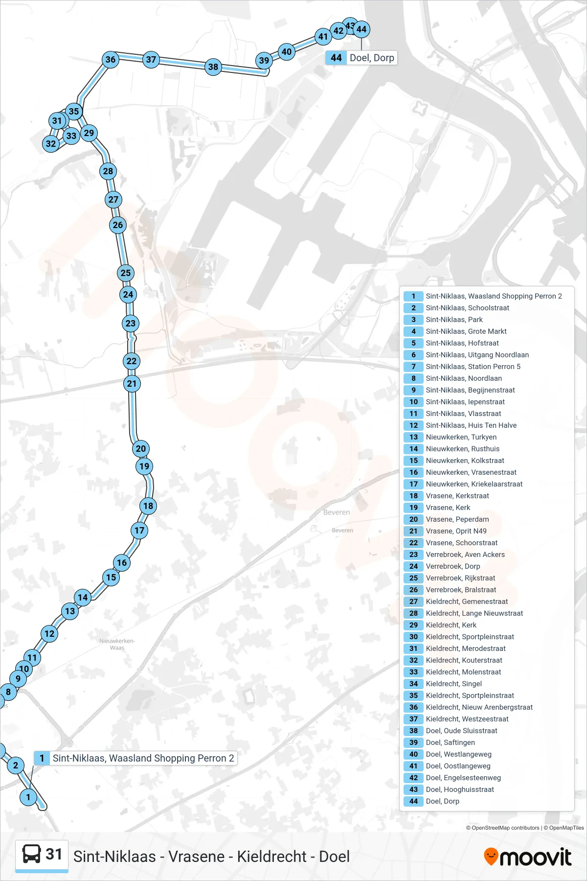Lijn 31 (bus, Doel Dorp): route en haltes op de kaart