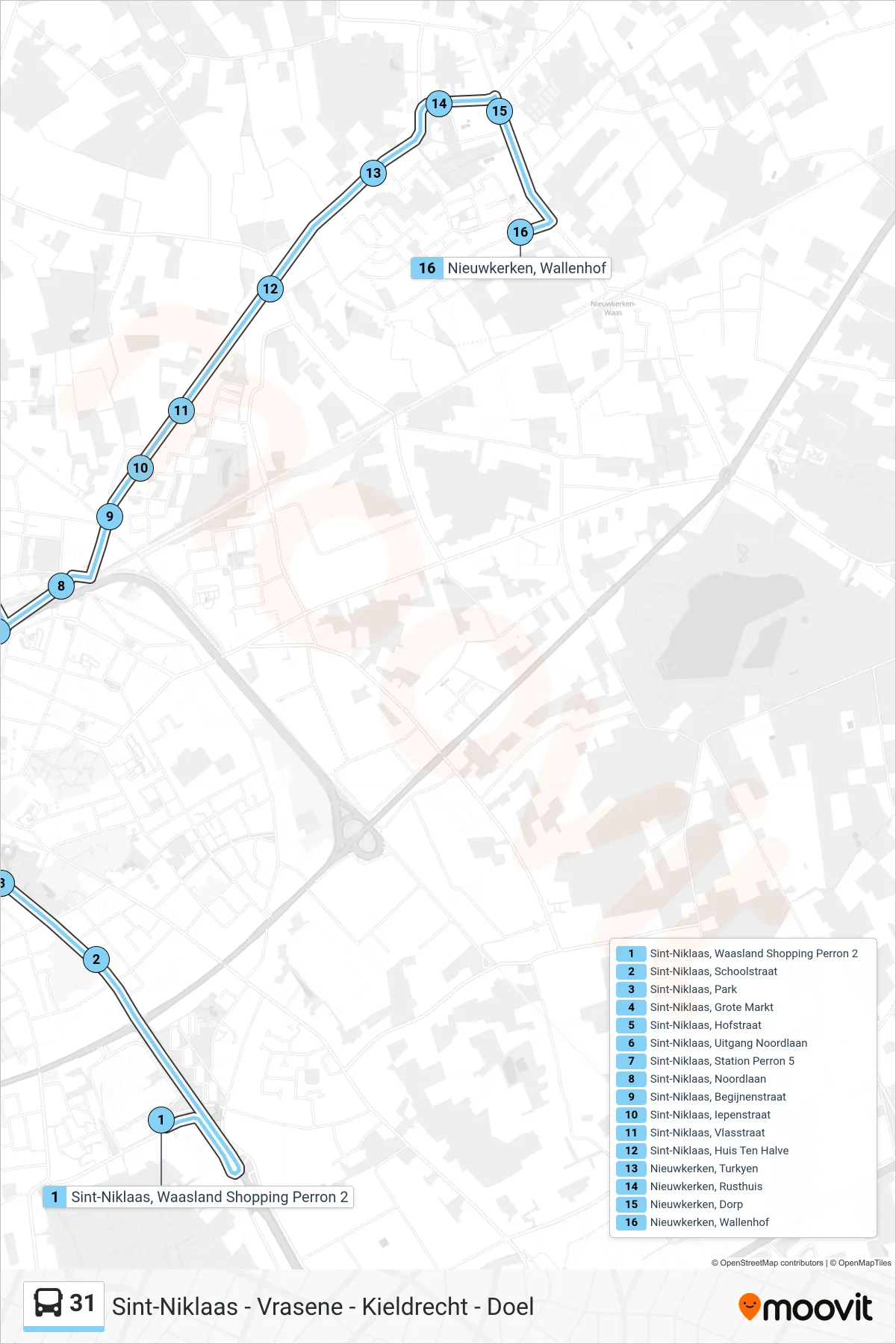 Lijn 31 (bus, Nieuwkerken Wallenhof): route en haltes op de kaart
