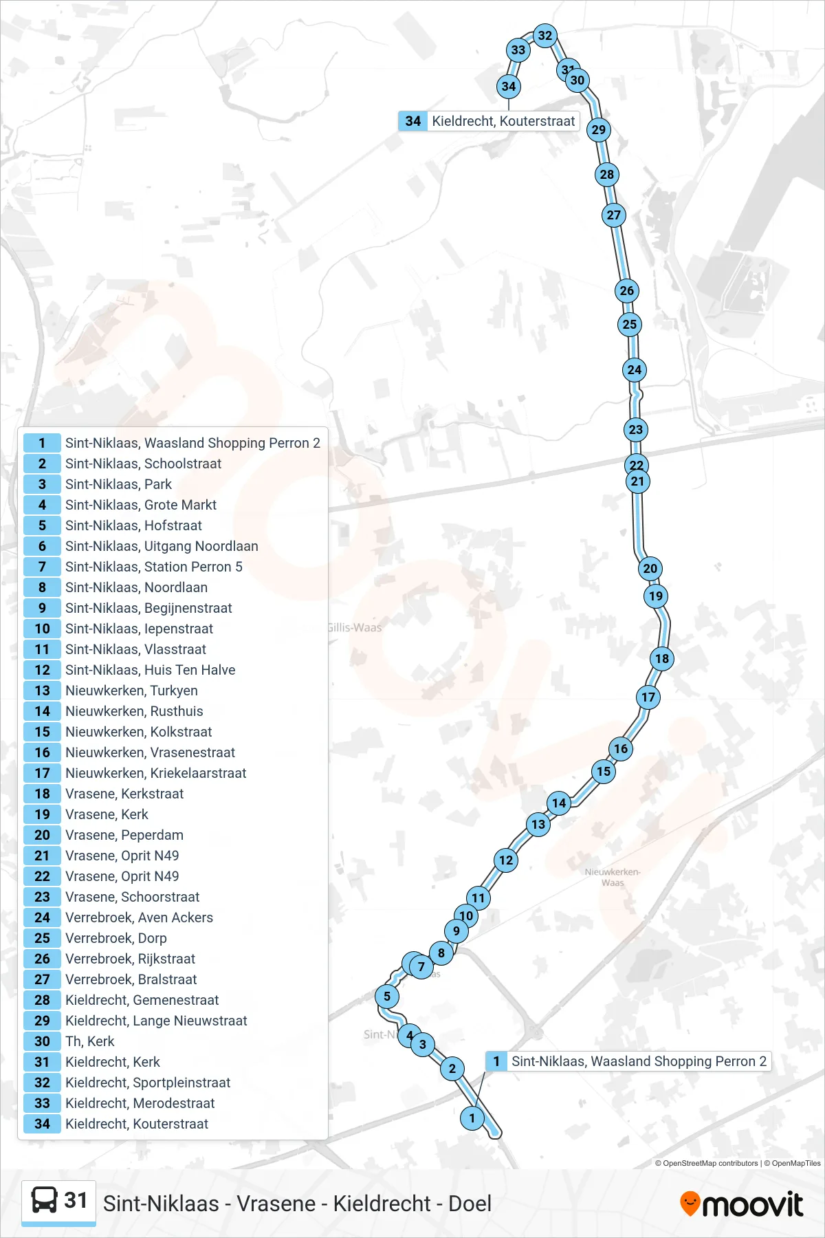Lijn 31 (bus, Kieldrecht Kouterstraat): route en haltes op de kaart